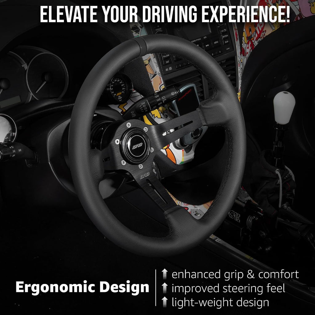 DND Performance Interior's Leather Race Steering Wheel / 350mm Diameter and 75mm Depth / 6x70mm Bolt Pattern/DND Leather Steering Wheel with Horn Button Included (Colored Stitching) (Black)