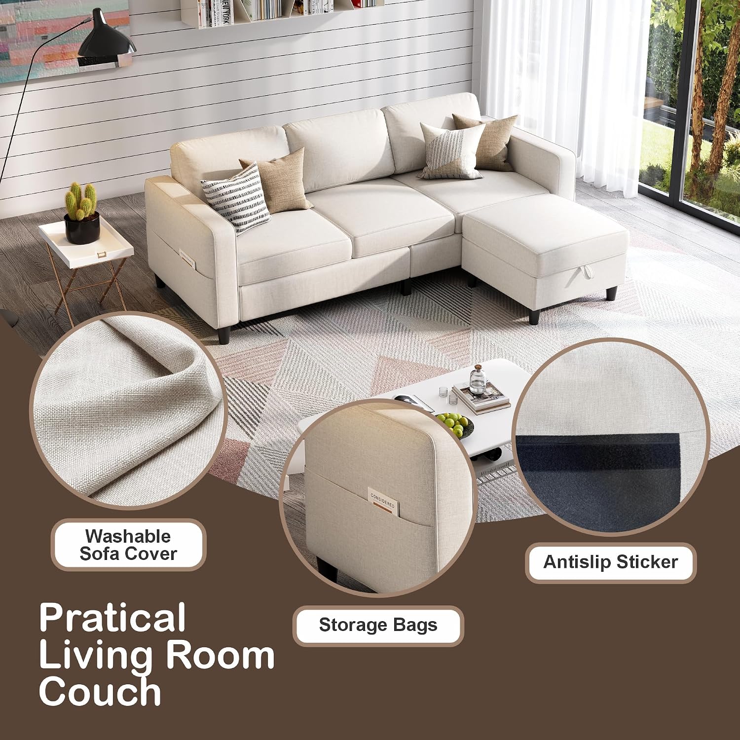 Grzyhem Sectional Sofas Couches for Living Room 78' L-Shaped Couch - Modern Linen Beige Sofa with Storage Ottoman USB for Apartments, Studios & Home Offices, Small Space