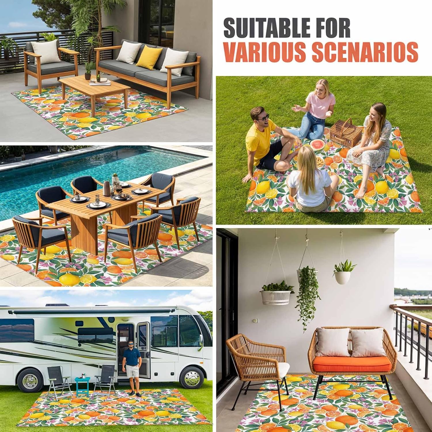 Orange Lemons Outdoor Rug for Patio/Deck/Porch, Non-Slip Large Area Rug 4 x 6 Ft, Summer Botanical Pastoral Elegant Indoor Outdoor Rugs Washable Area Rugs, Reversible Camping Rug Carpet Runner