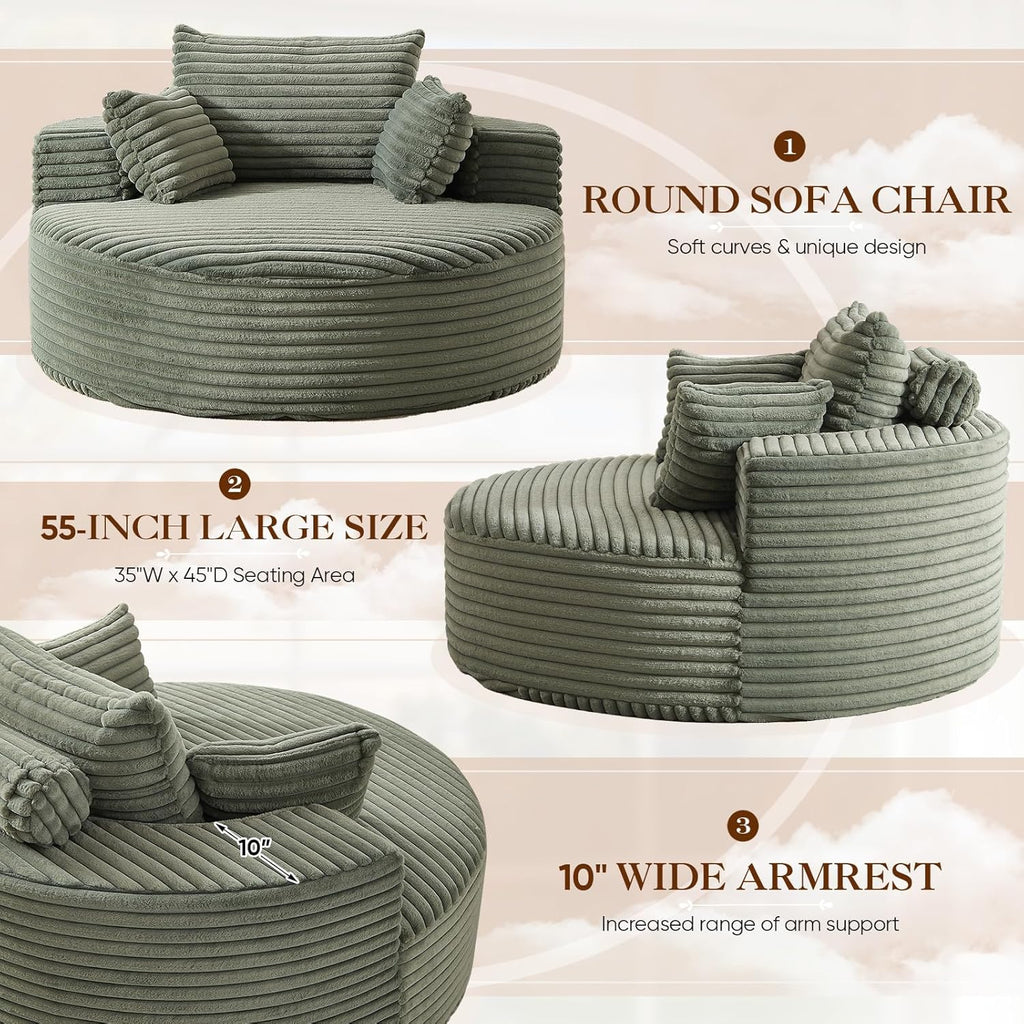 Oversized Round Chaise Longue Chair Indoor, Modern 55-inch Upholstered Corduroy Deep Seat Circle Single Cloud Lounge Floor Sofa Chair for Living Room, Bedroom Apartment, Green