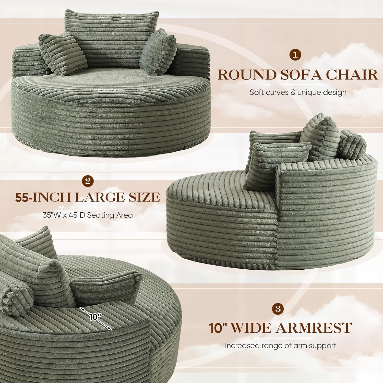 Oversized Round Chaise Longue Chair Indoor, Modern 55-inch Upholstered Corduroy Deep Seat Circle Single Cloud Lounge Floor Sofa Chair for Living Room, Bedroom Apartment, Green