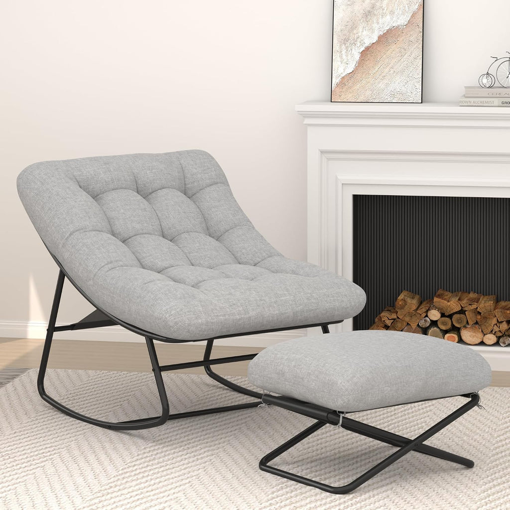DHMAKER Oversized Outdoor Rocking Chair with Foot Rest, Papasan Rocking Chair with Thick Cushion,Modern Lounge Rocker for Patio Porch Garden Balcony, Indoor