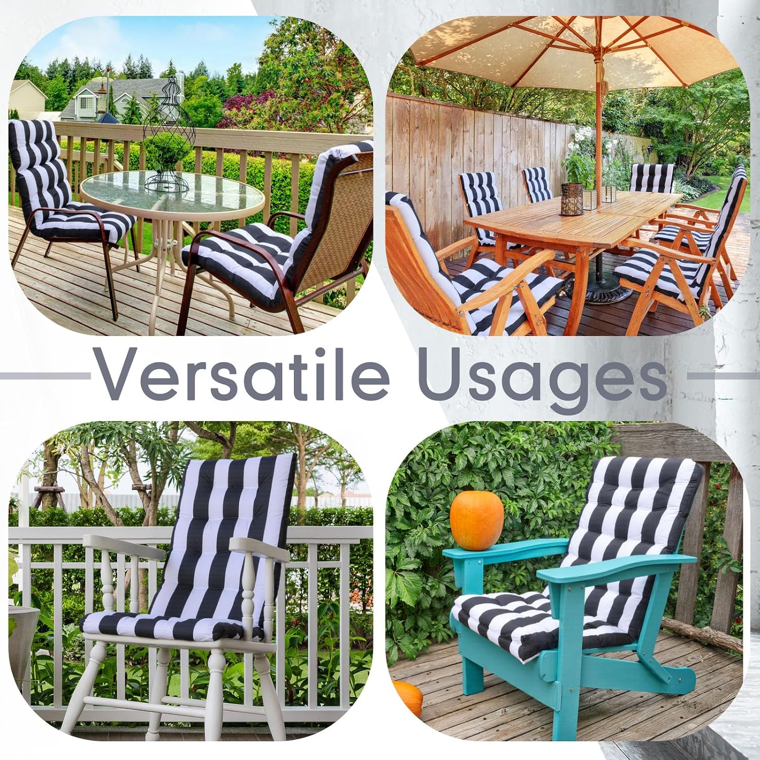 Hoteam 6 Pcs High Back Chair Cushions Set - 44'' x 21'' Indoor Outdoor Waterproof Soft Thicken Stripes Replaceable Cushion for Garden Summer Rocking Chair, Patio Furniture (Black Stripes)