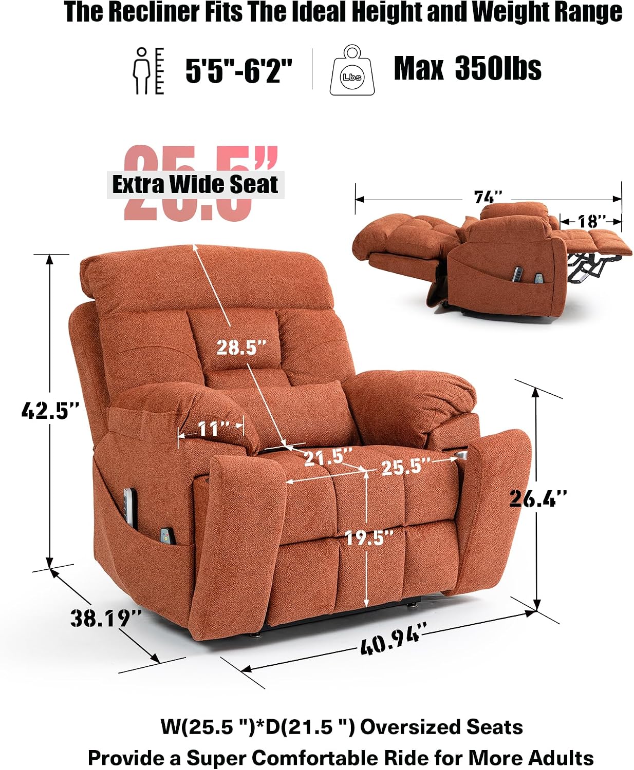 Power Lift Chair Recliners for Elderly with Heated and Massage, 4 Motor Headrest, Lumbar Independent Adjustment Power Lift Recliner with Hidden Cup Holder、Side Pocket、Back Pillow
