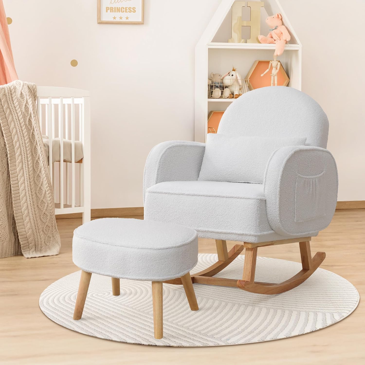 HCHAIRH Rocking Chair Nursery with Ottoman Footrest, Upholstered Glider Rocker with High Backrest and Side Pocket, Rocking Accent Armchair with Solid Wood Legs for Nursery, Living Room, Bedroom White