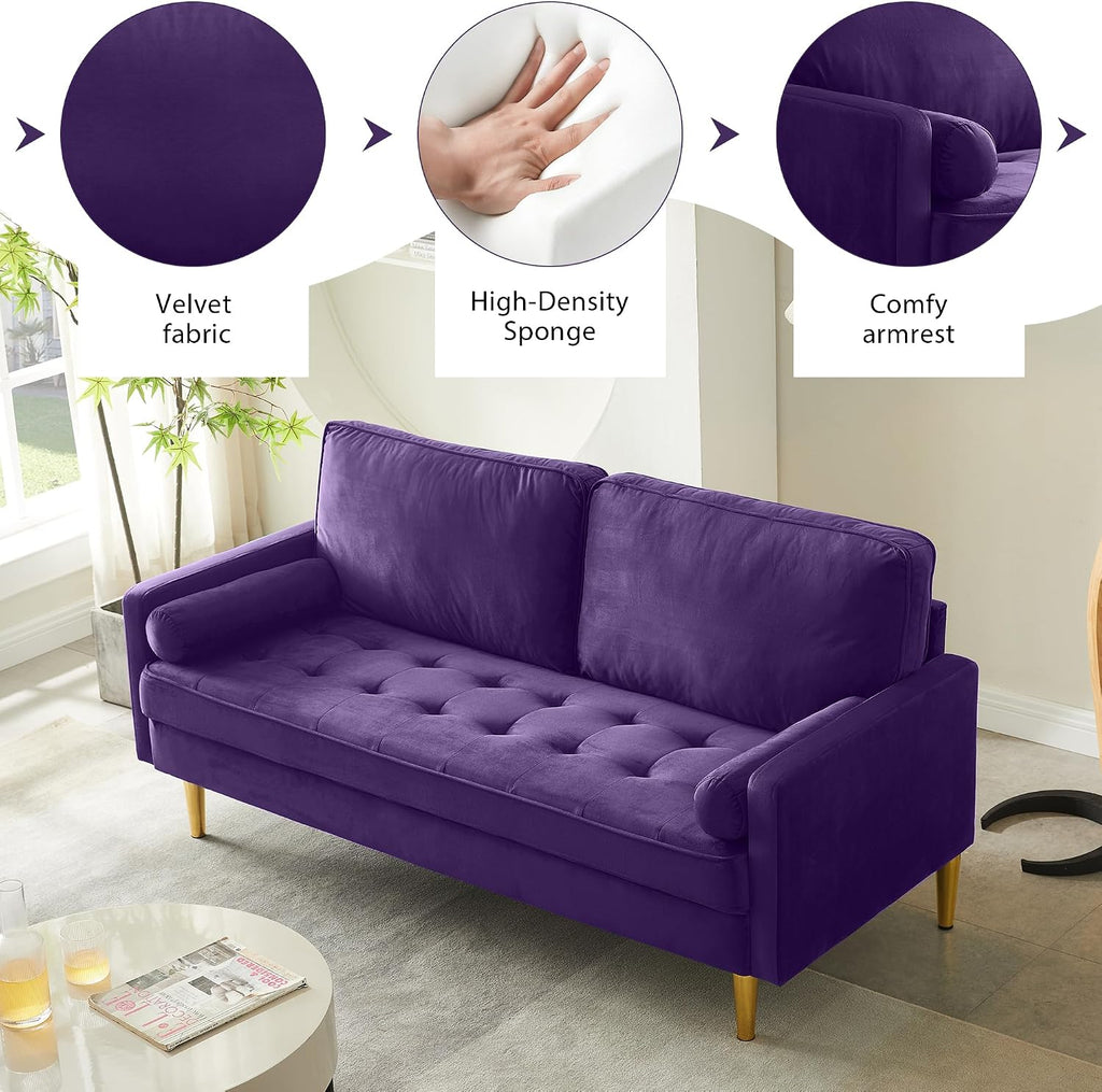 67in Modern Velvet Loveseat Sofa Couch, Mid-Century Tufted Upholstered Small Love Seat Couch with 2 Pillows & 4 Golden Legs, 2-Seats Couches for Compact Space, Living Room, Apartment (Purple)