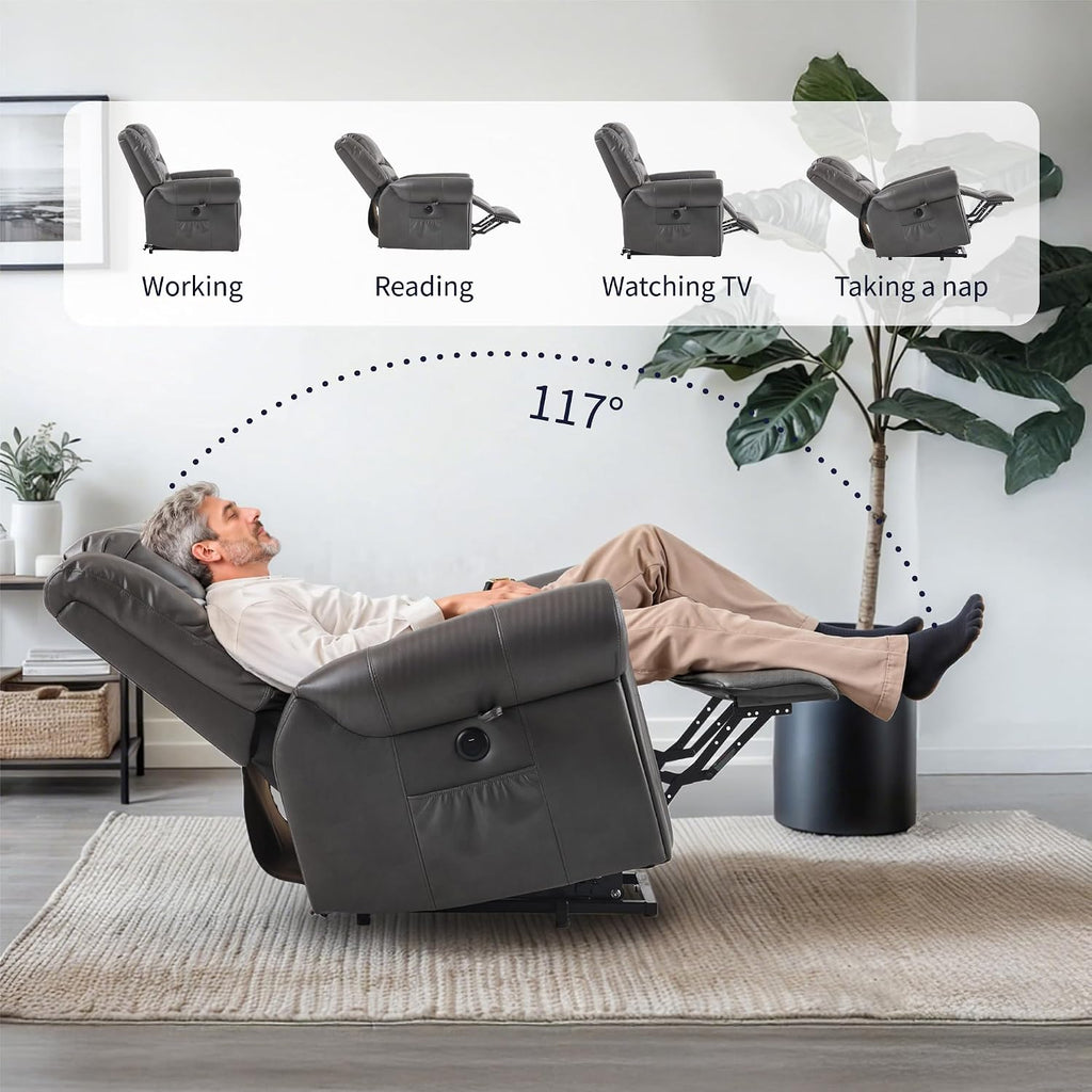 FLEXISPOT Power Lift Recliner Chair for Elderly with Massage & Heat, Faux Leather Electric Reclining Chair for Seniors with USB Ports, Cup Holders & Side Pockets(Medium Size,Charcoal Gray