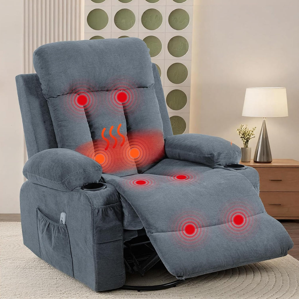 360° Swivel Rocking Chair, Rocker Recliner Chair with Vibration Massage and Heat, Ergonomic Lounge Chairs with Rocking Function and Side Pocket, Cup Holders, Blue