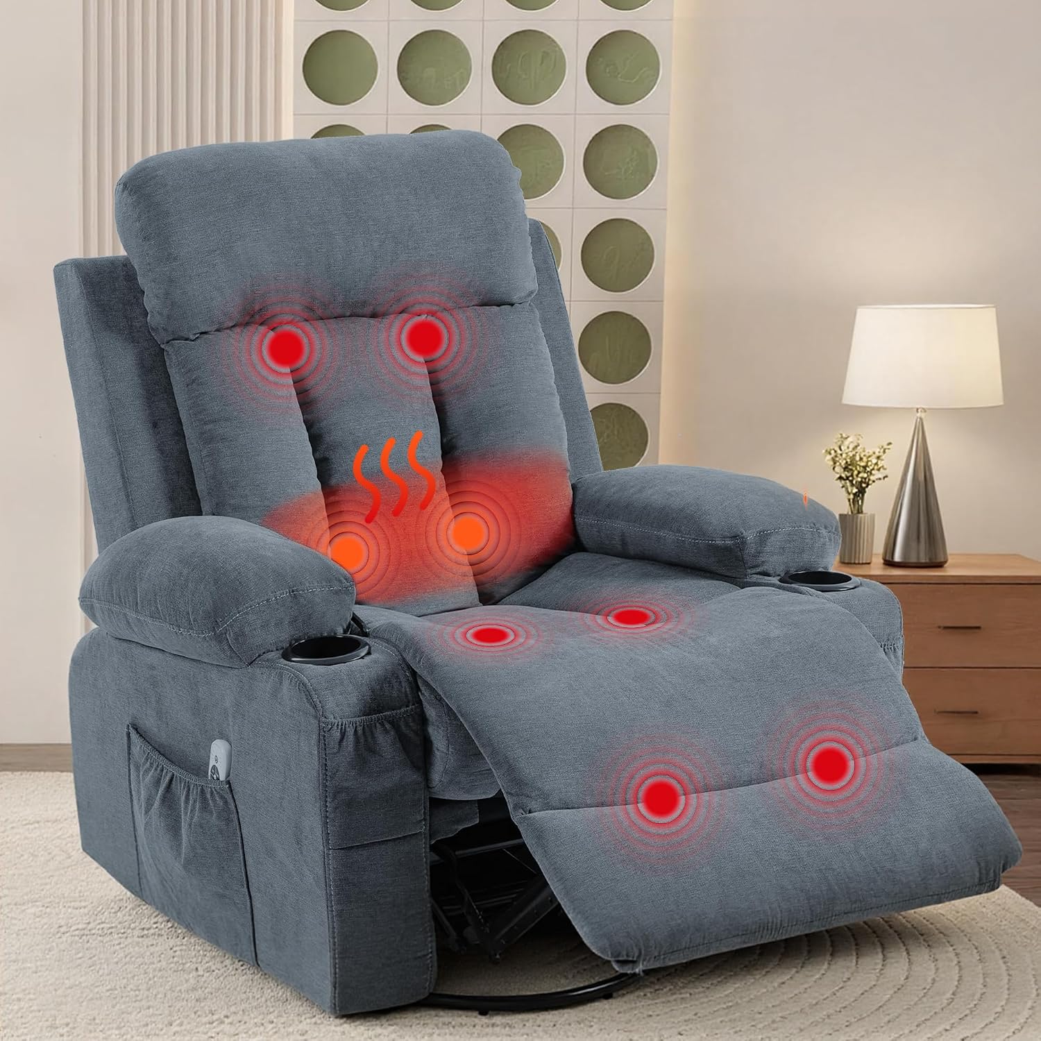 360° Swivel Rocking Chair, Rocker Recliner Chair with Vibration Massage and Heat, Ergonomic Lounge Chairs with Rocking Function and Side Pocket, Cup Holders, Blue