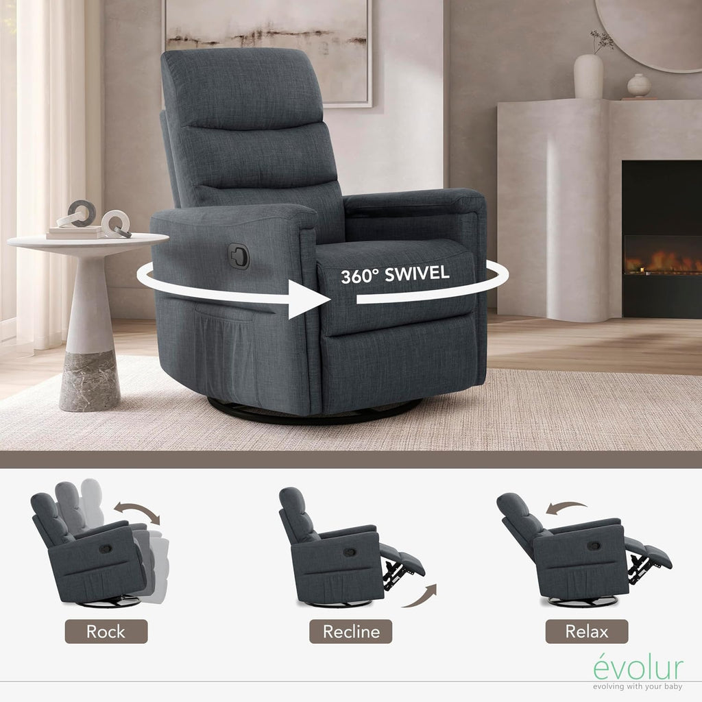 Evolur Peyton Manual Glider Recliner – Graphite, Rocking & 360° Swivel with Smooth Glide – GREENGUARD Gold & FSC Certified – Modern Nursery and Living Room Chair