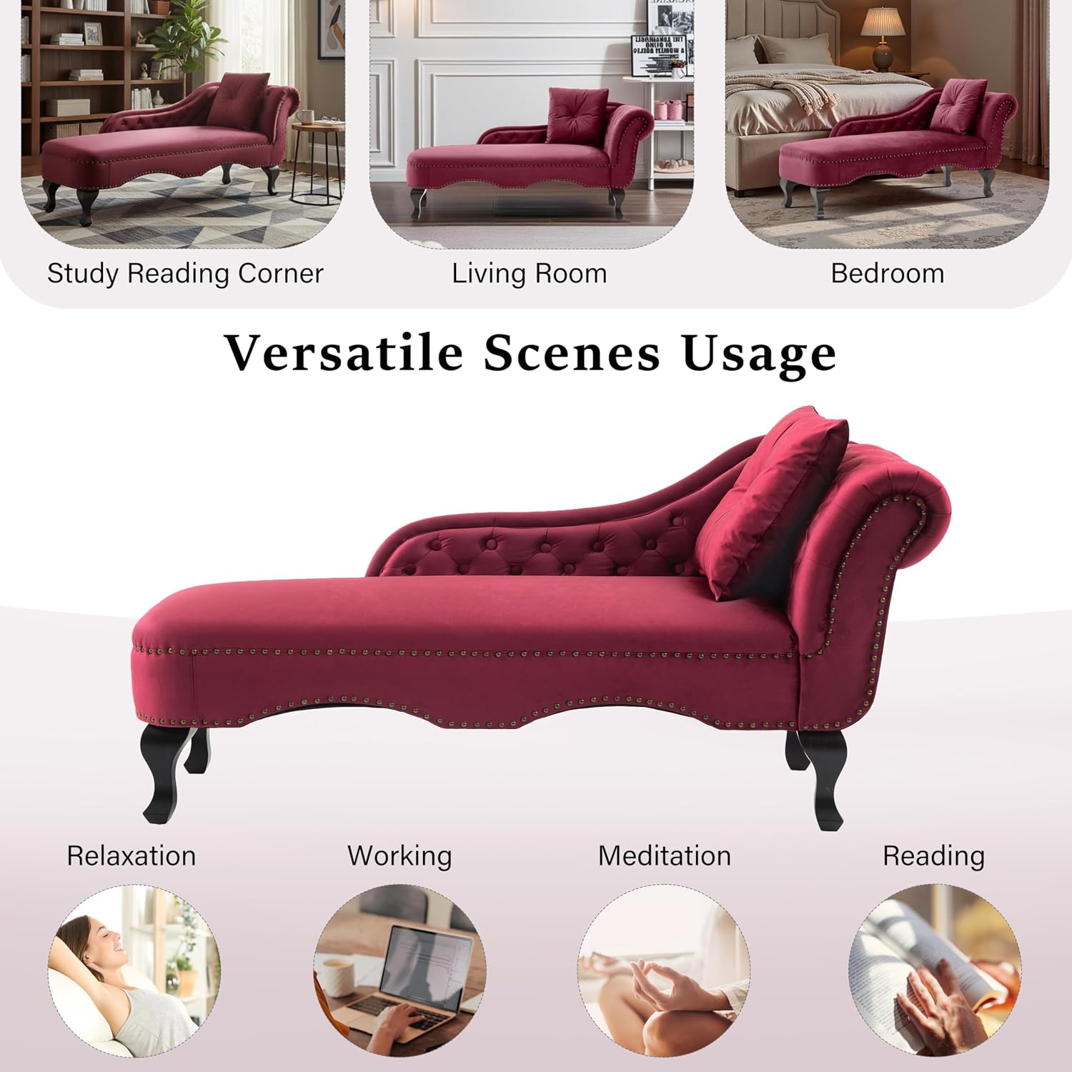 Merax 62'' Velvet Chaise Lounge Indoor with 1 Pillow and Nailhead Trim, Button Tufted Design Reclining Chair with Scrolled Backrest, Sleeper Sofa for Bedroom, Living Room or Office,