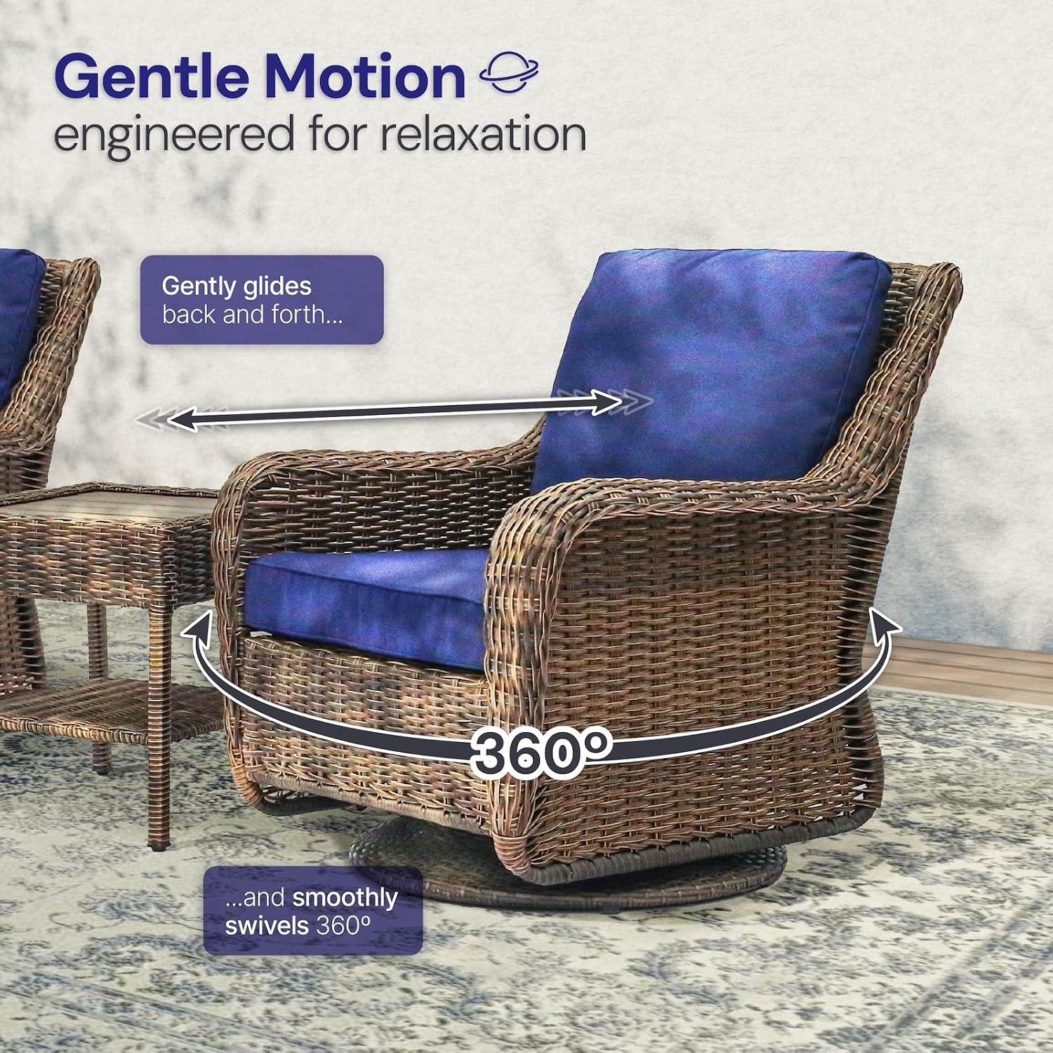 Cambridge Outdoor Wicker Swivel Rocking Chair, All-Weather Hand-Woven Resin Rattan Patio Swivel Rocker with Deep Seat & Thick Cushions for Porch, Backyard & Garden, Midnight Navy Blue