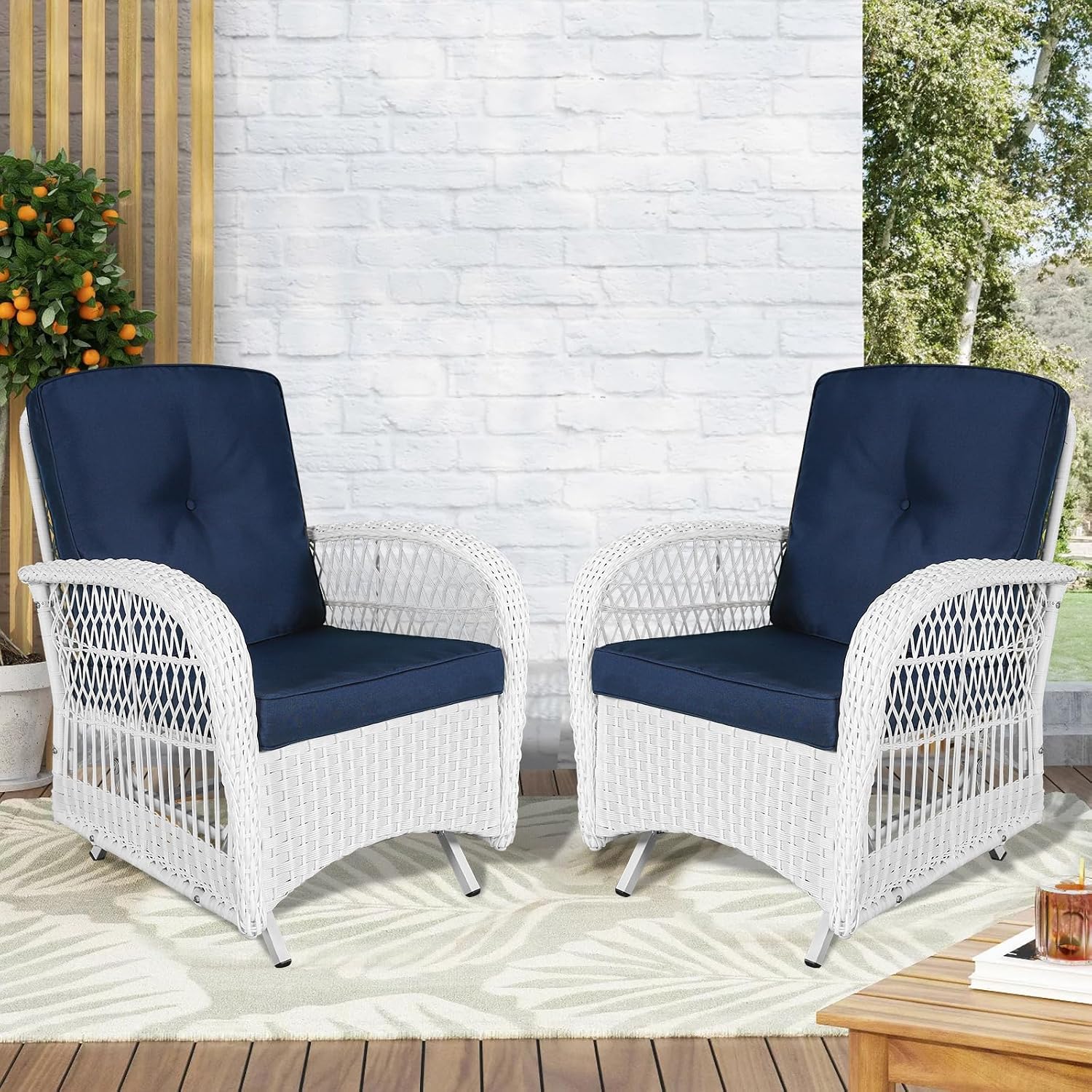 VIVIJASON 2-Piece Outdoor White Wicker Glider Rocking Chair, Patio Rattan Swing Glider Chairs with Cushions & Steel Frame, All-Weather Gliding Lawn Wicker Furniture for Garden Backyard, Navy Blue