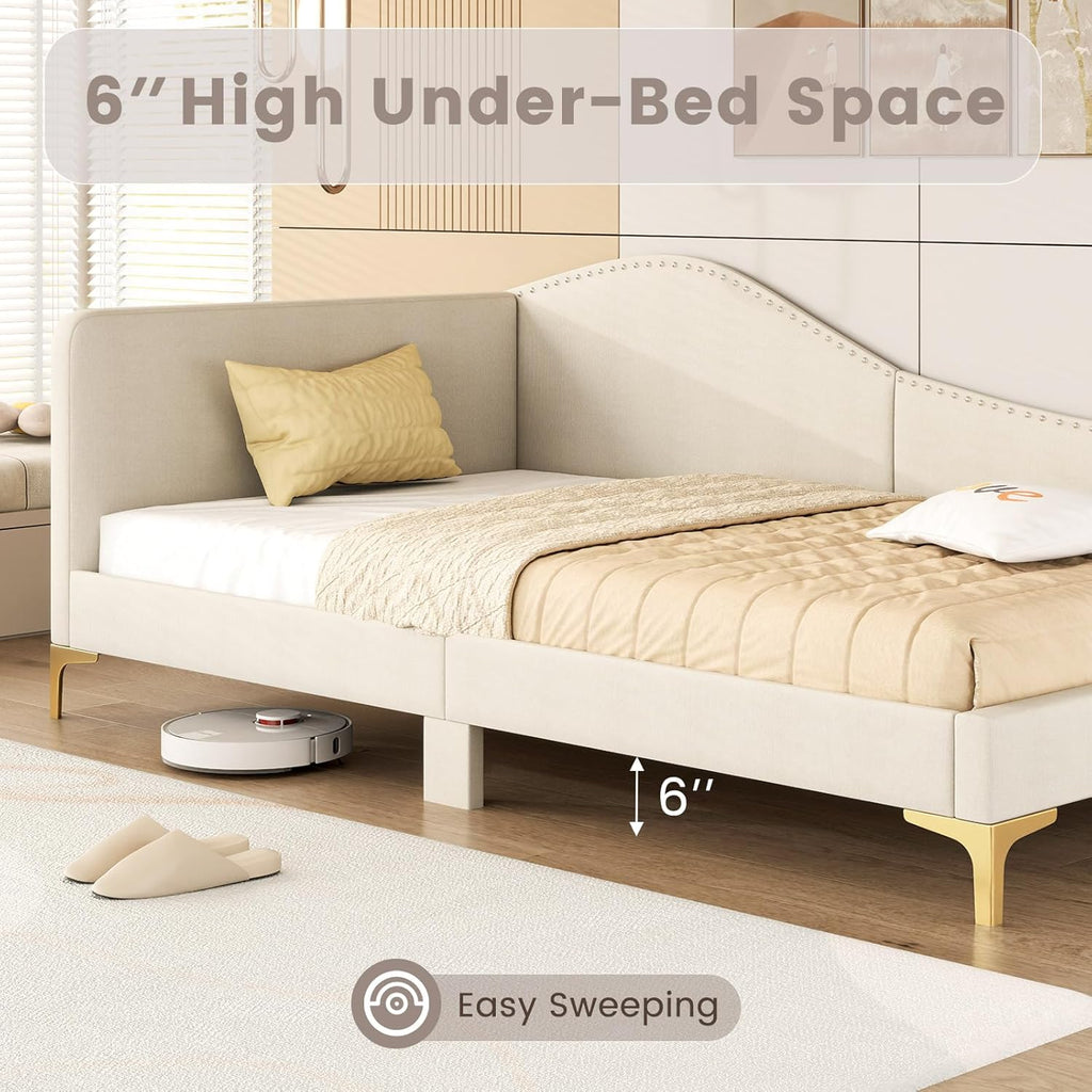 Giantex Twin Size Upholstered Daybed, Rivet-Tufted Platform Bed with Headboard, Metal Legs & Wood Slats, L-Shaped Corner Sofa Bed for Living Room & Guest Room, No Box Spring Needed, Beige