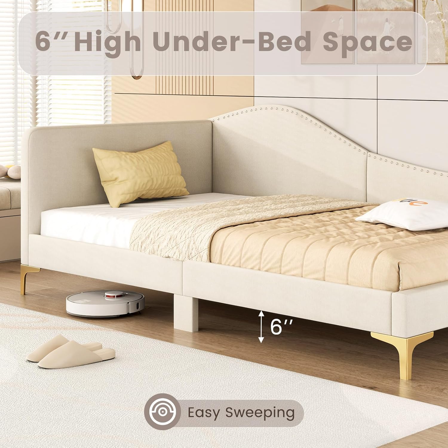 Giantex Twin Size Upholstered Daybed, Rivet-Tufted Platform Bed with Headboard, Metal Legs & Wood Slats, L-Shaped Corner Sofa Bed for Living Room & Guest Room, No Box Spring Needed, Beige