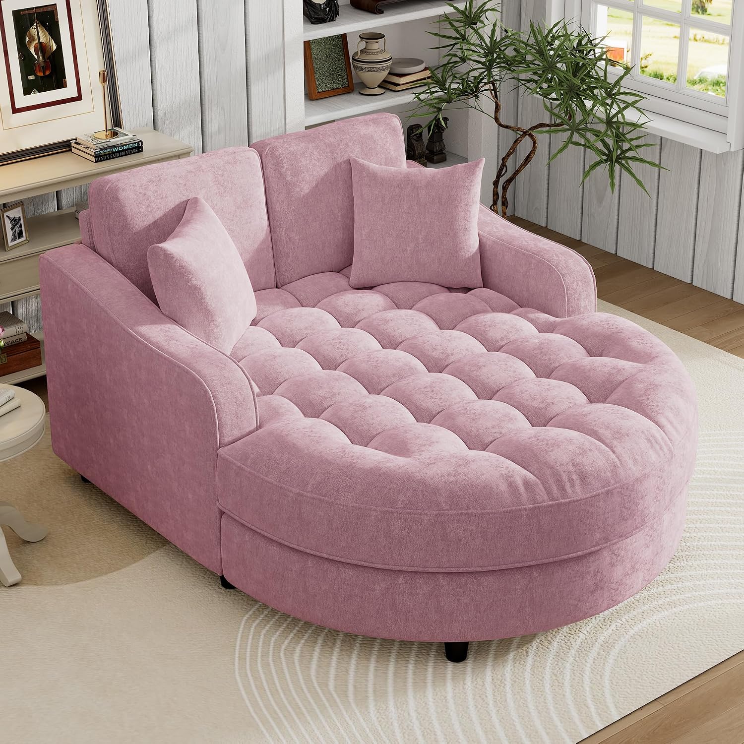 Merax 55' Modern Chaise Lounge Sofa Bed, Chenille Upholstered Couch with Tufted Seat and Removable & Adjustable Pillows for Living Room, Pink