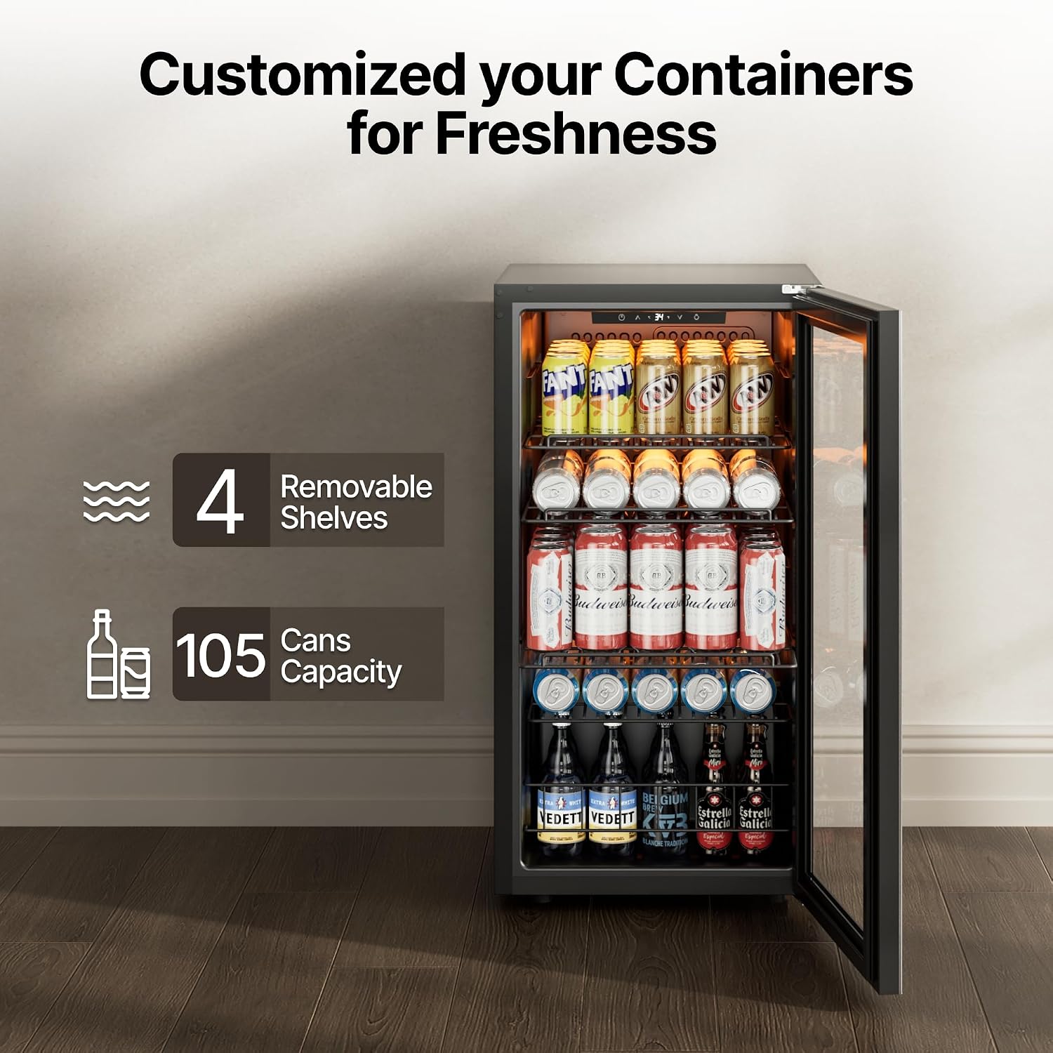 Ca'Lefort 105 Cans Beverage Cooler Mini Fridge, Beverage Refrigerator with Reversible Glass Door, Adjustable Shelves for Soda, Beer & Wine, Digital Temperature Control for Home, Office, Bar or Dorm