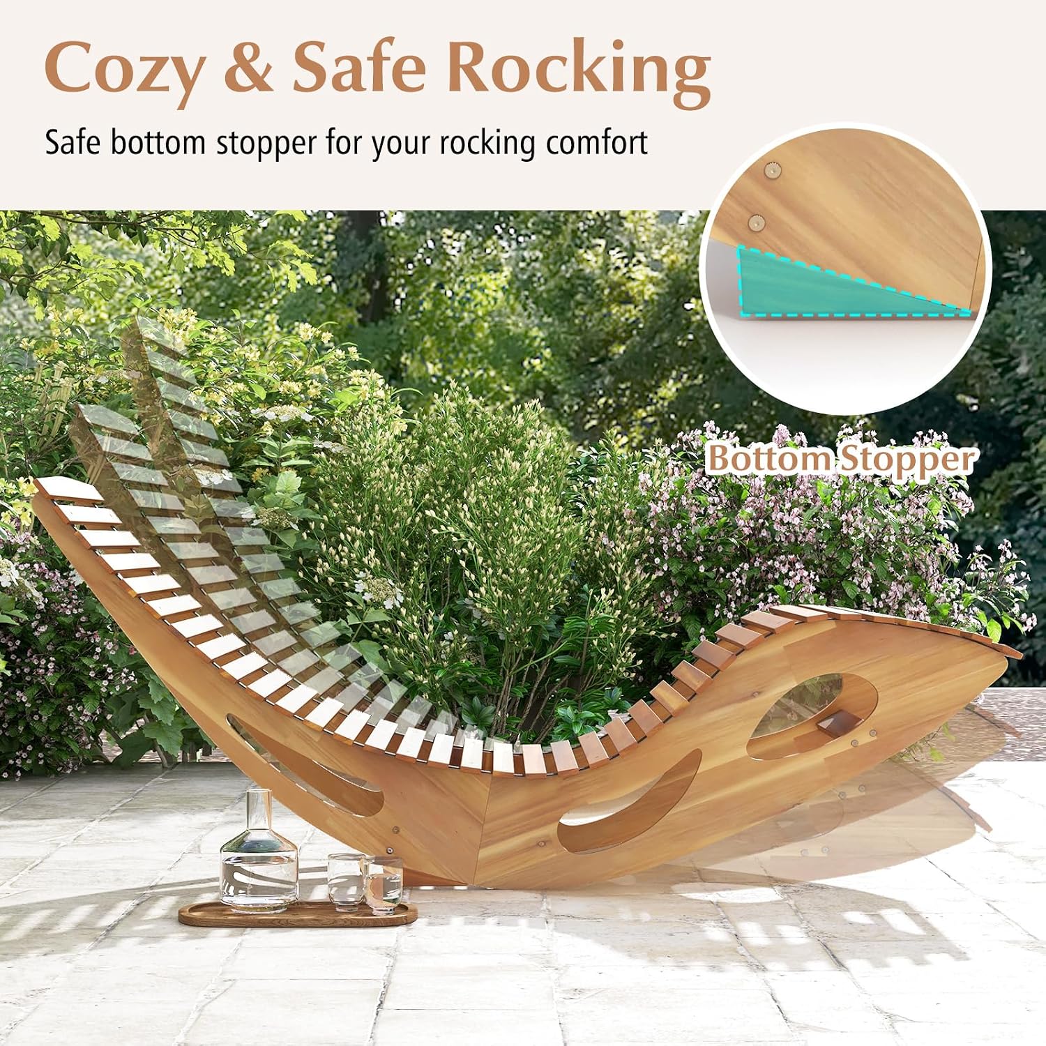 Giantex Acacia Wood Outdoor Rocking Chair, Set of 2 Patio Lounge Chair with Ergonomic Curved & Slatted Seat, High Back, Bottom Stopper, Outside Chaise Lounge, 63'x23.5'x26' Pool Lounger for Porch