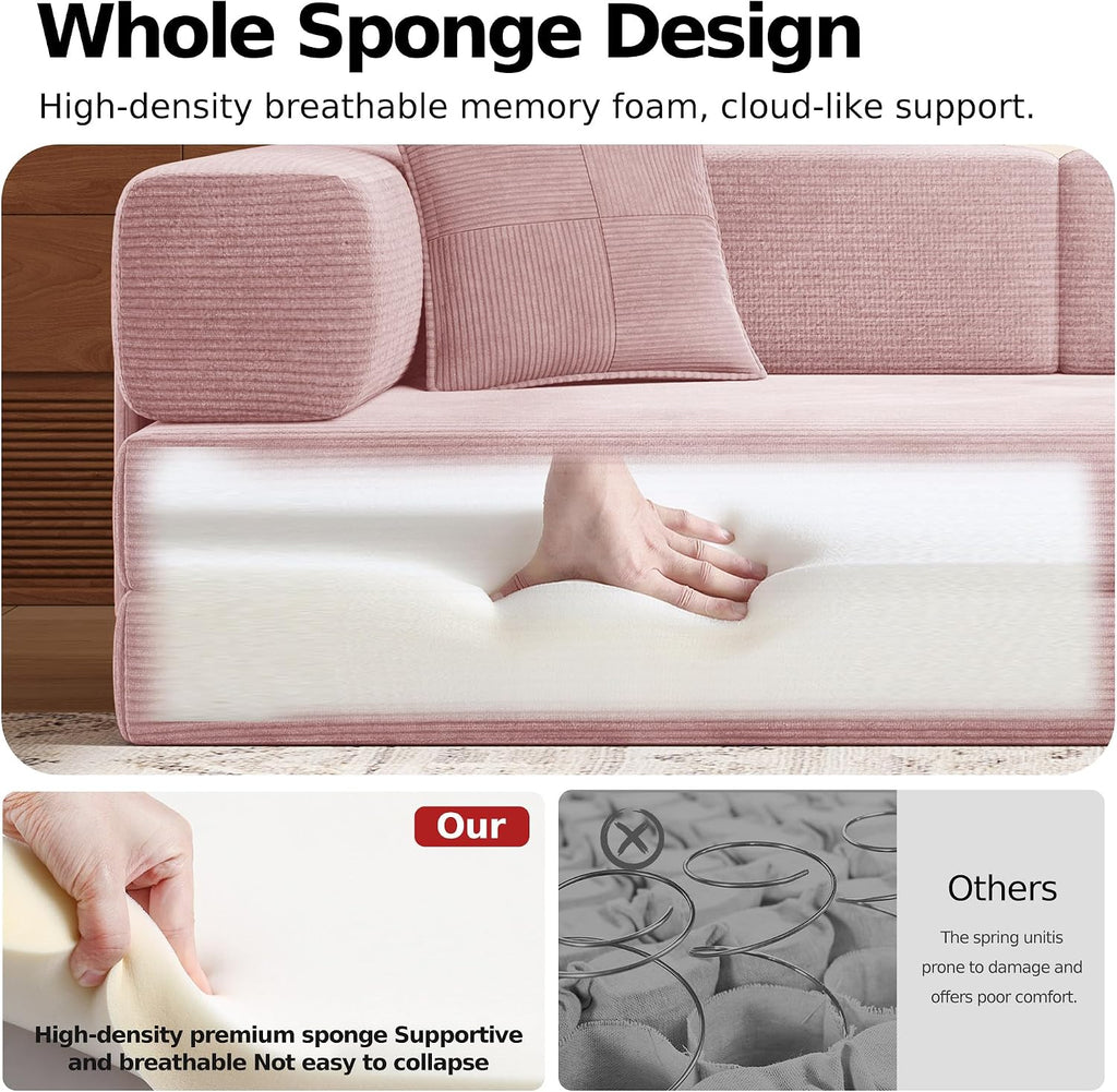 MoonSpeak 78.8''Sleeper Couch Bed for Livingroom,Convertible Modular Sofa with Armrest Pillow,Modular Foldable Corduroy Couches in a Box,No Assembly (Pink)