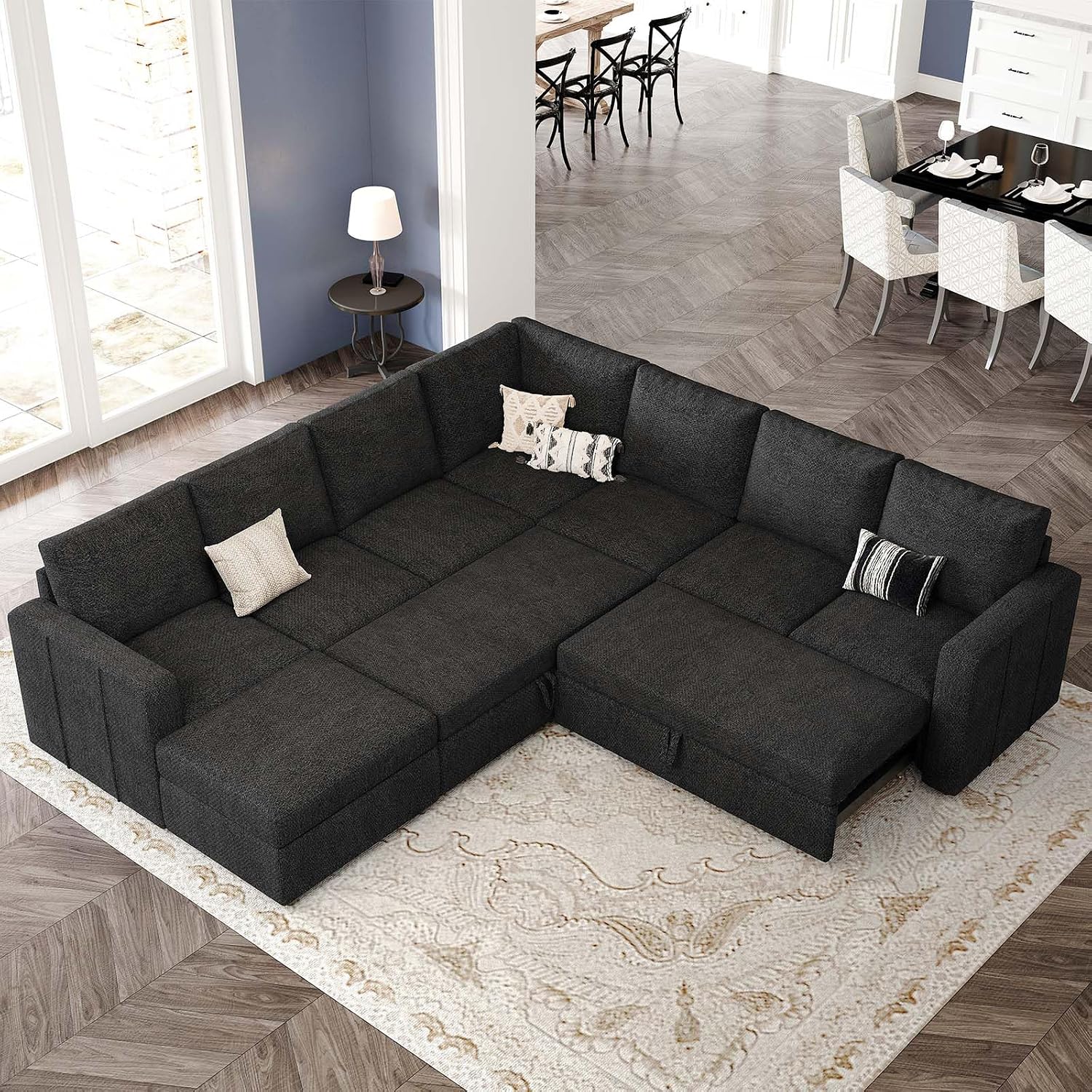 Belffin Modular Sectional Sofa with Sleeper Sofa Couch Pullout Bed, Oversized U Shaped Sleeper Sectional Couch with Storage Seat for Living Room, Dark Grey