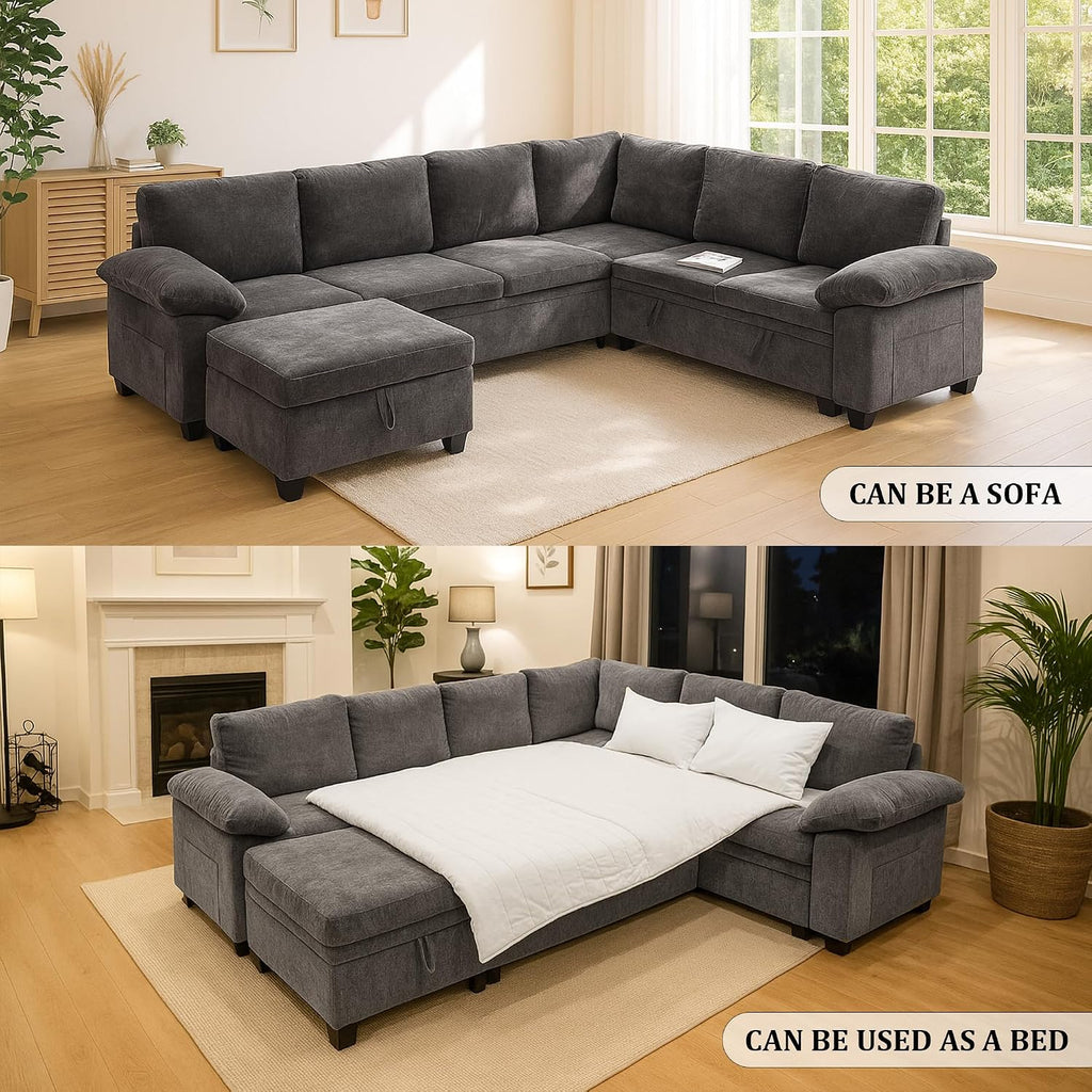 108 Inch Sectional Sleeper L Shaped Sofa with Pull Out Bed, Modular Sectional Sofa with Storage, Modern Chenille Cloud Couch, Sectional Couches for Living Room, Grey