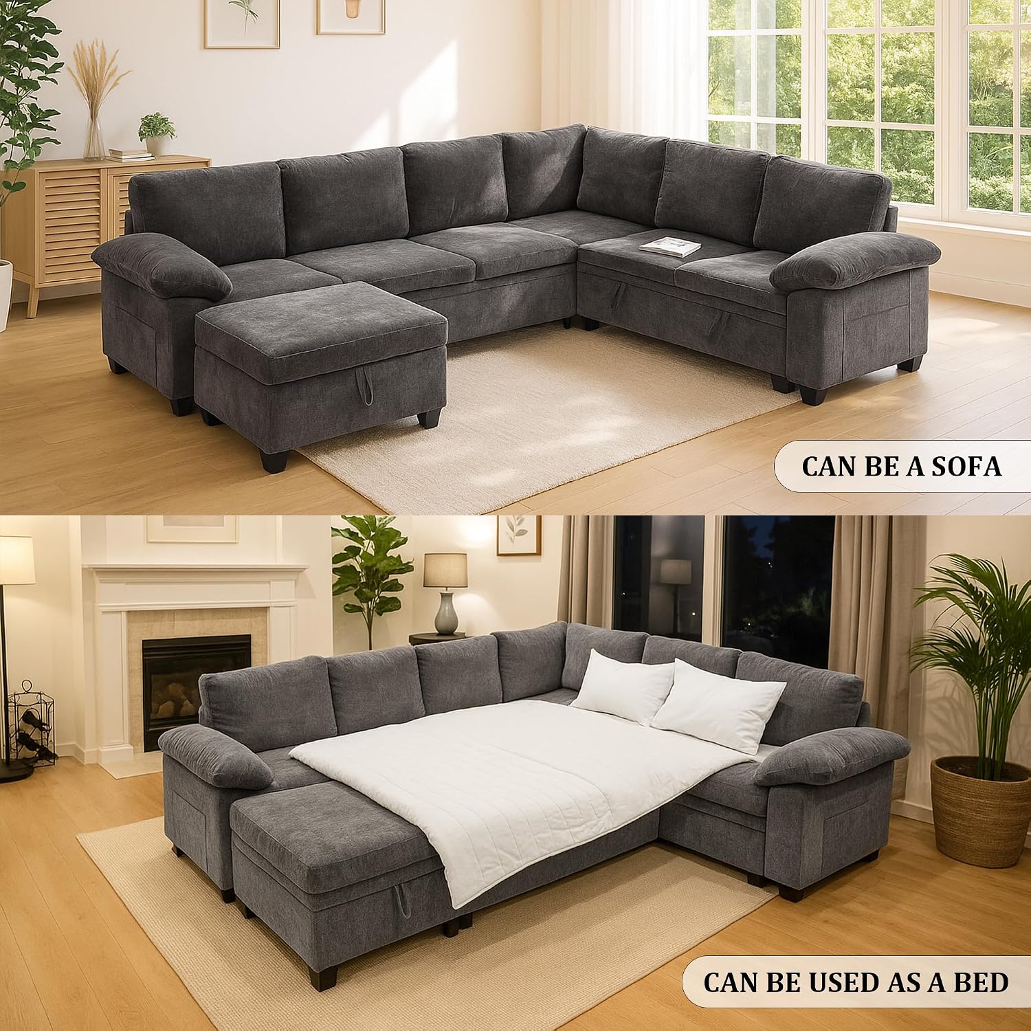 108 Inch Sectional Sleeper L Shaped Sofa with Pull Out Bed, Modular Sectional Sofa with Storage, Modern Chenille Cloud Couch, Sectional Couches for Living Room, Grey