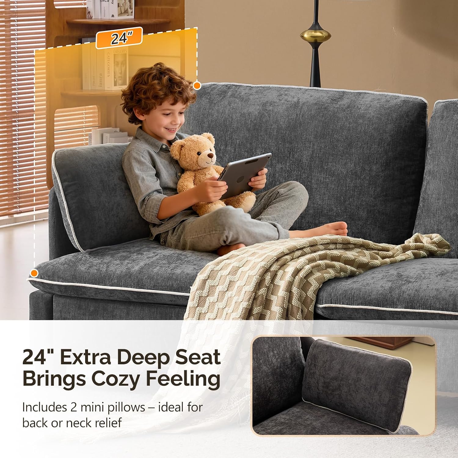 VINGLI 84' Modern Sofa Couch, Linen Velvet 2-Seater Loveseat with Piped Cushions, Removable Cover & 2 Throw Pillows, Upholstered Couches for Living Room, Apartment, Office | Piped Cushions Sofa
