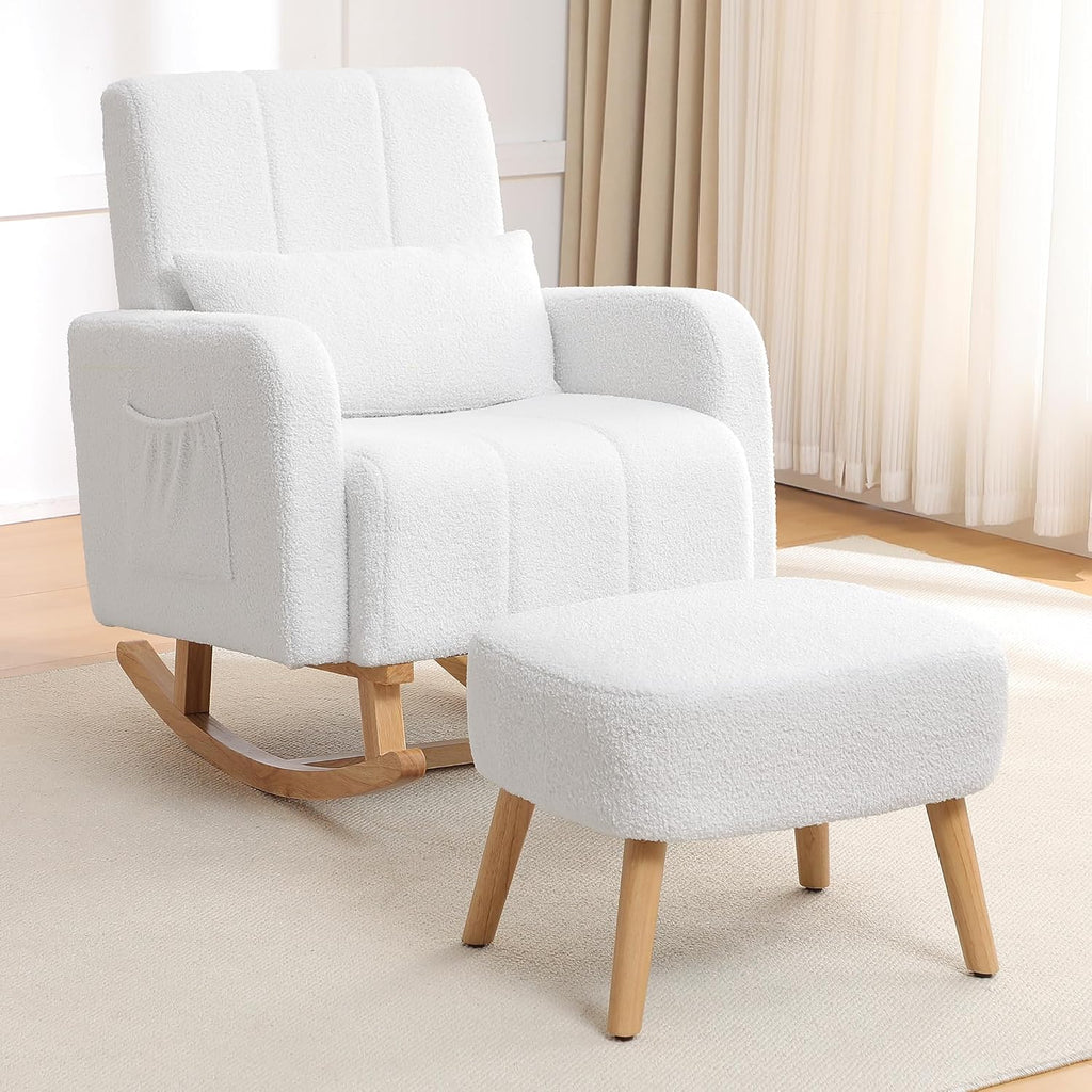 HCHAIRH Rocking Chair with Ottoman, Upholstered Glider Rocker with High Backrest and Side Pocket, Comfy Reading Chair with Solid Wood Legs for Nursery, Living Room,Bedroom White