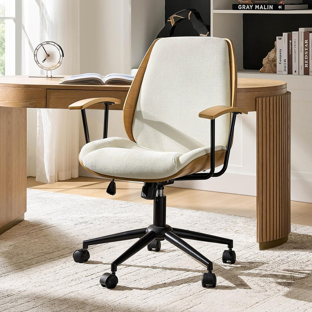 HULALA HOME Solid Wood Office Chair with Rocking Function, Comfy Fabric Desk Chair with Bent Wood and Metal Base, Height Adjustable Swivel Computer Task Chair, Ivory