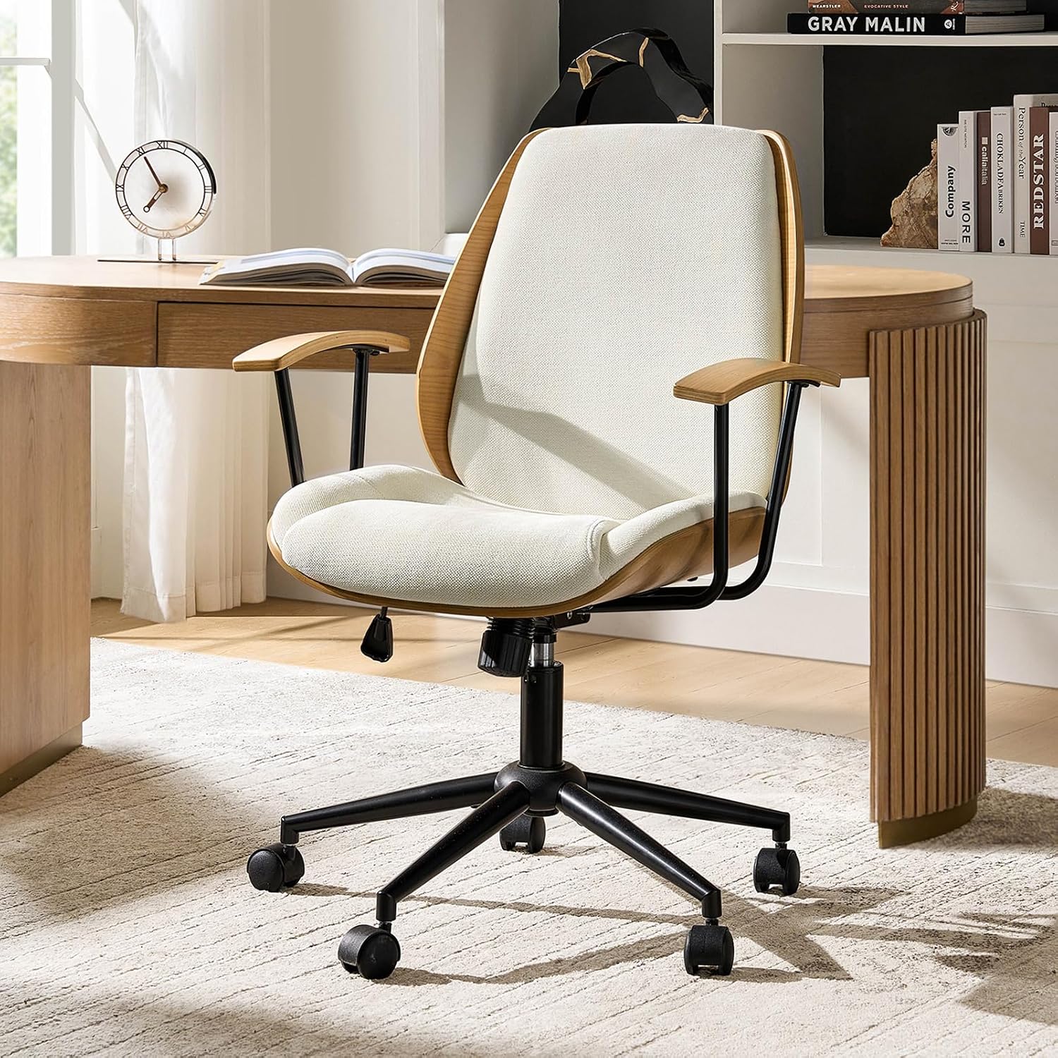 HULALA HOME Solid Wood Office Chair with Rocking Function, Comfy Fabric Desk Chair with Bent Wood and Metal Base, Height Adjustable Swivel Computer Task Chair, Ivory