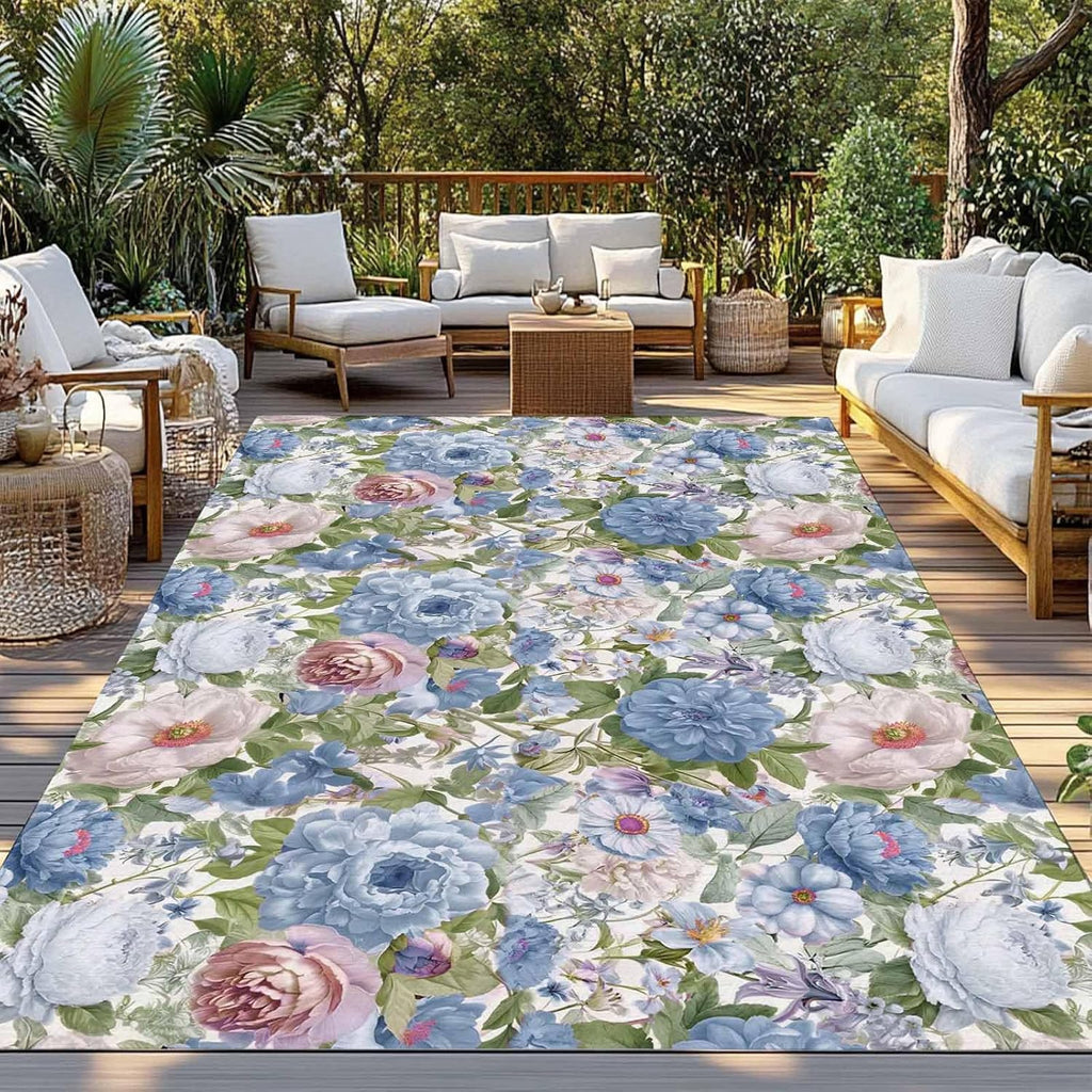 Blue Pink Spring Floral Outdoor Rug for Patio/Deck/Porch, Non-Slip Large Area Rug 5 x 8 Ft, Vintage Summer Botanical Indoor Outdoor Rugs Washable Area Rugs, Reversible Camping Rug Carpet Runner