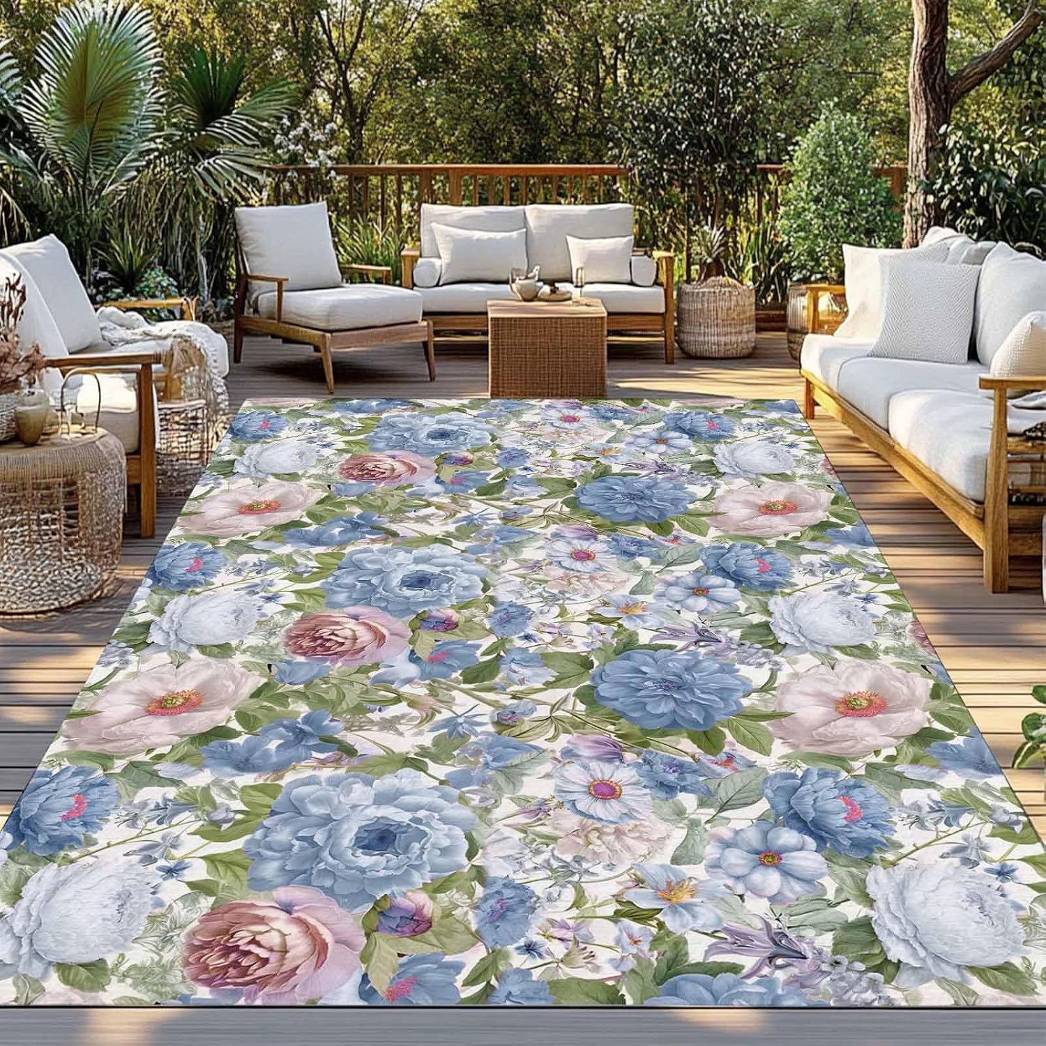 Blue Pink Spring Floral Outdoor Rug for Patio/Deck/Porch, Non-Slip Large Area Rug 5 x 8 Ft, Vintage Summer Botanical Indoor Outdoor Rugs Washable Area Rugs, Reversible Camping Rug Carpet Runner