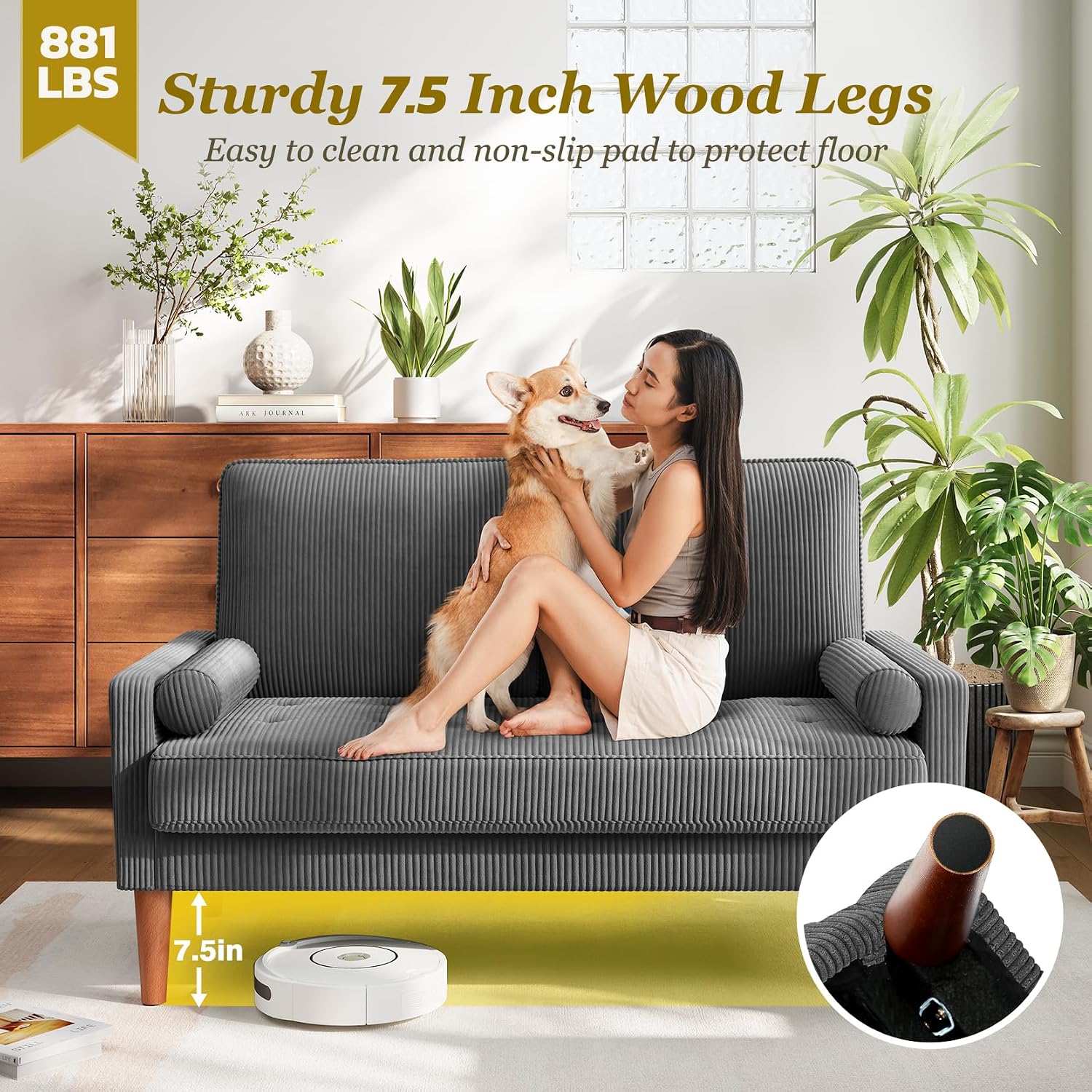Vesgantti Loveseat Sofa with Solid Wood Legs, Small Corduroy Couches for Small Spaces, Mid Century Modern Love Seat for Living Room, Bedroom, Easy Assembly with Throw Pillow, Grey