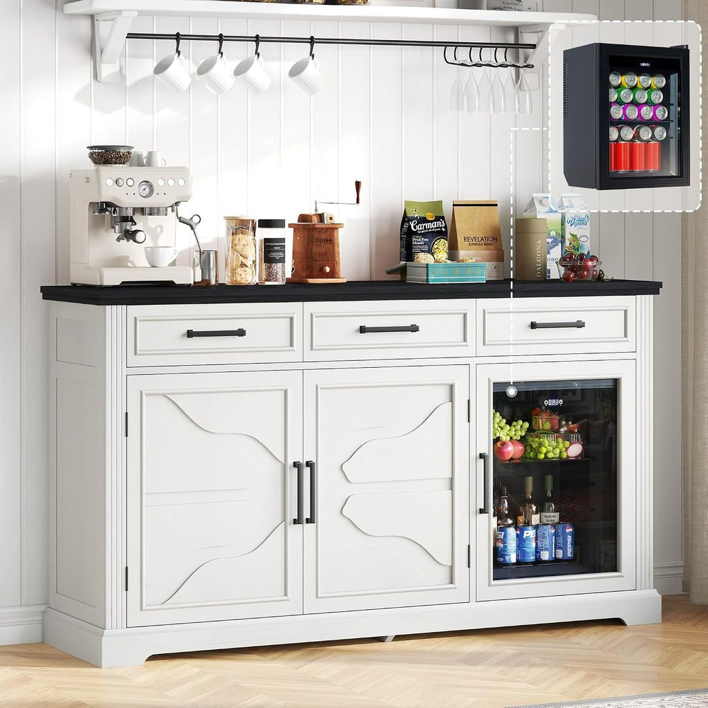 LUXOAK 60' Farmhouse Coffee Bar Cabinet with Beverage Fridge (Included), Wine Bar Cabinet with Drawer Storage, Mini Fridge Cabinet, Sideboard Cabinet for Dining Room, Living Room-White