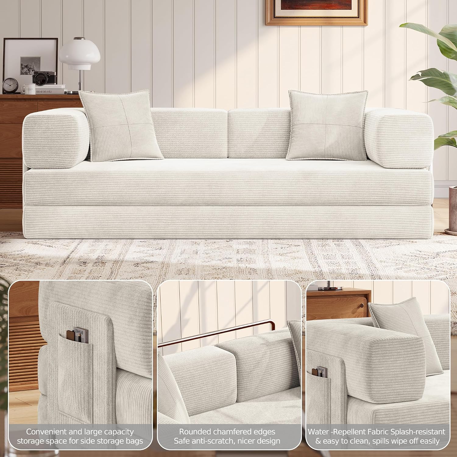 MoonSpeak 78.8''Sleeper Couch Bed for Livingroom,Convertible Modular Sofa with Armrest Pillow,Modular Foldable Corduroy Couches in a Box,No Assembly (White)