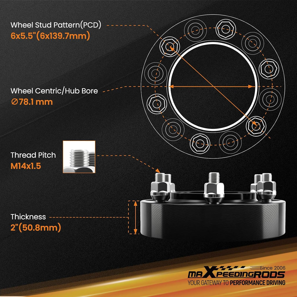 maXpeedingrods 2 Inch 6x5.5 Hubcentric Wheel Spacers for Chevy Silverado Sierra 1500, 6x139.7mm M14x1.5 Studs 78.1mm Hub Bore with Lip Forged Spacer for Tahoe, Suburban, Yukon 6 Lug