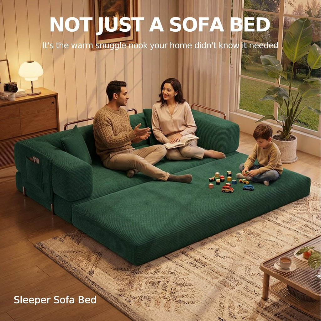 MoonSpeak 78.8''Sleeper Couch Bed for Livingroom,Convertible Modular Sofa with Armrest Pillow,Modular Foldable Corduroy Couches in a Box,No Assembly (Emerald Green)