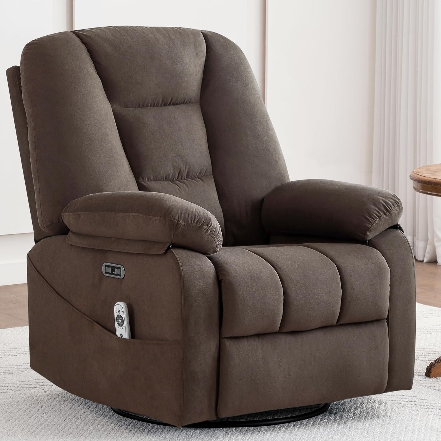 Ketaiyou Power Swivel Rocker Recliner with Massage and Heat, USB and Type-C Port, Infinite Position, Electric Glider Rocking Chairs Living Room, Soft Fabric Reclining Sofa Chair (Velvet Brown)