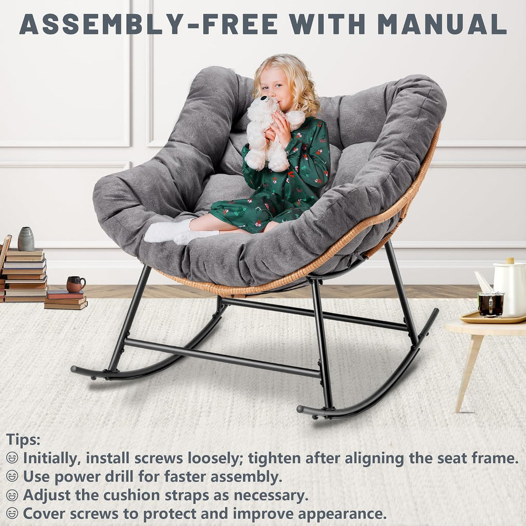 Outdoor Comfy Rocking Chair with Thick Cushion, Rattan Rocker Egg Chair Indoor with Straps, Patio Rocking Chair 450lbs for Garden, Backyard, Balcony, Lawn, Bedroom, Living Room (Dark Gray)