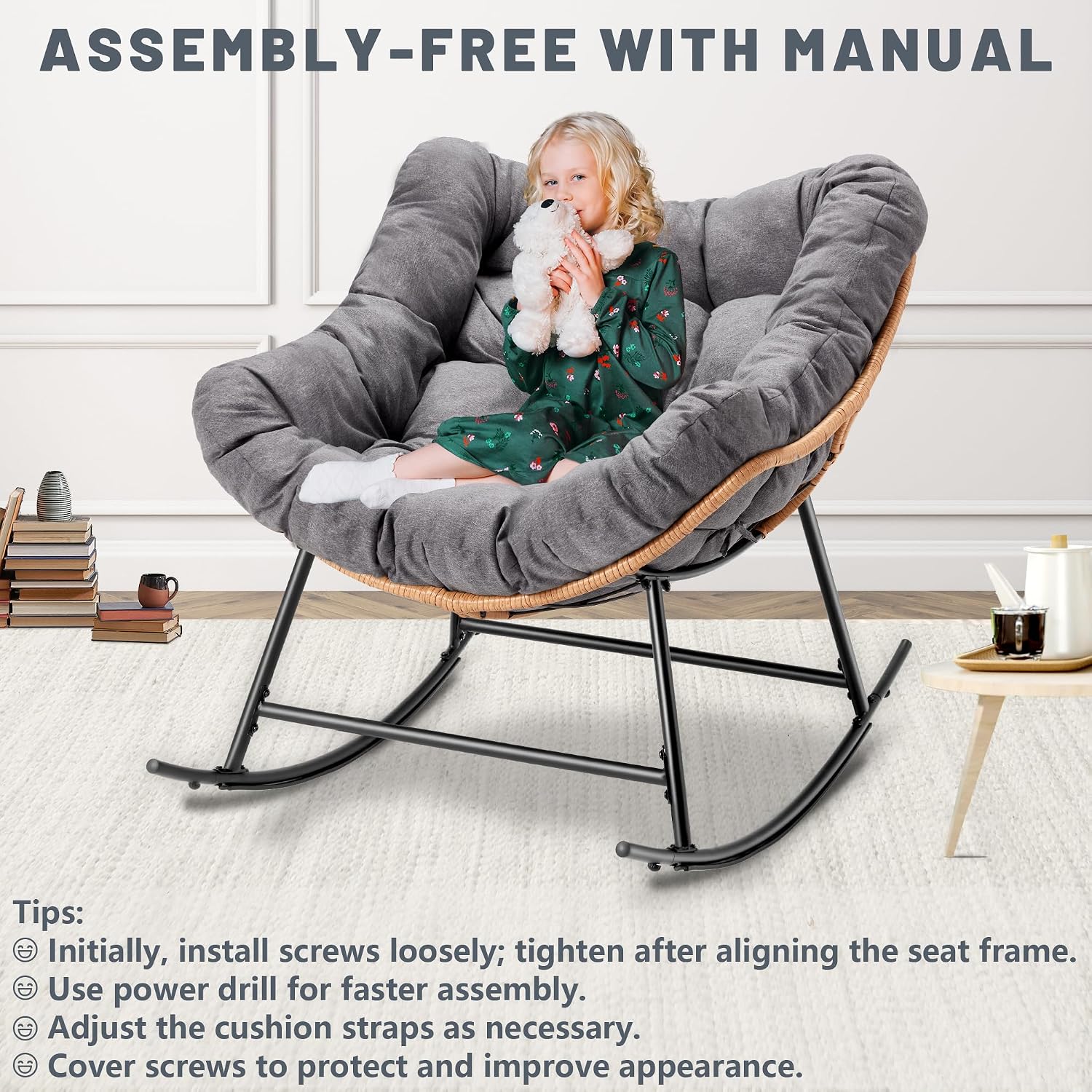 Outdoor Comfy Rocking Chair with Thick Cushion, Rattan Rocker Egg Chair Indoor with Straps, Patio Rocking Chair 450lbs for Garden, Backyard, Balcony, Lawn, Bedroom, Living Room (Dark Gray)