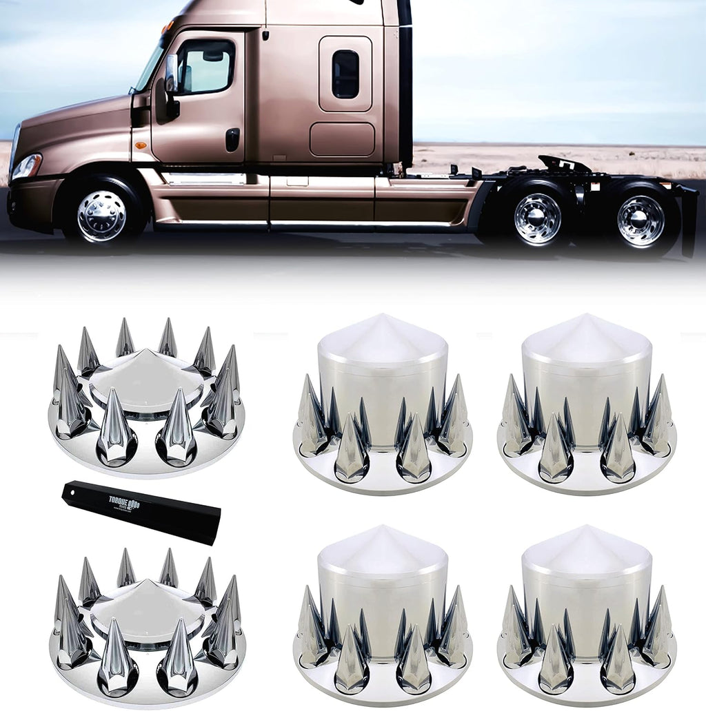 TORQUE Chrome Spiked Front and Rear Axle Complete Wheel Cover Set 33mm Screw-on Lug Nut Covers for Semi Trucks (Installation Tool Included) Standart Hub Caps Kit (2 Front & 4 Rear) (TR571)