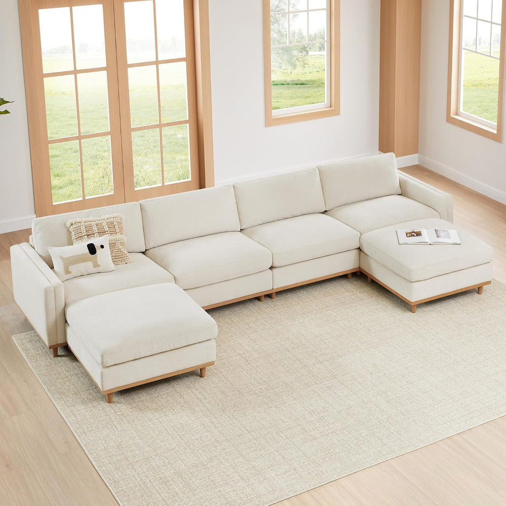 CHITA Super Large Luxury U Shape Convertible Sectional Modular Sofa, Down Filled Modern Sofa, Deep Seat Cloud Couch, 153 inch Width, 6 Seat Couch with Chaise, 2 Ottomans, Solid Wood Leg, Linen
