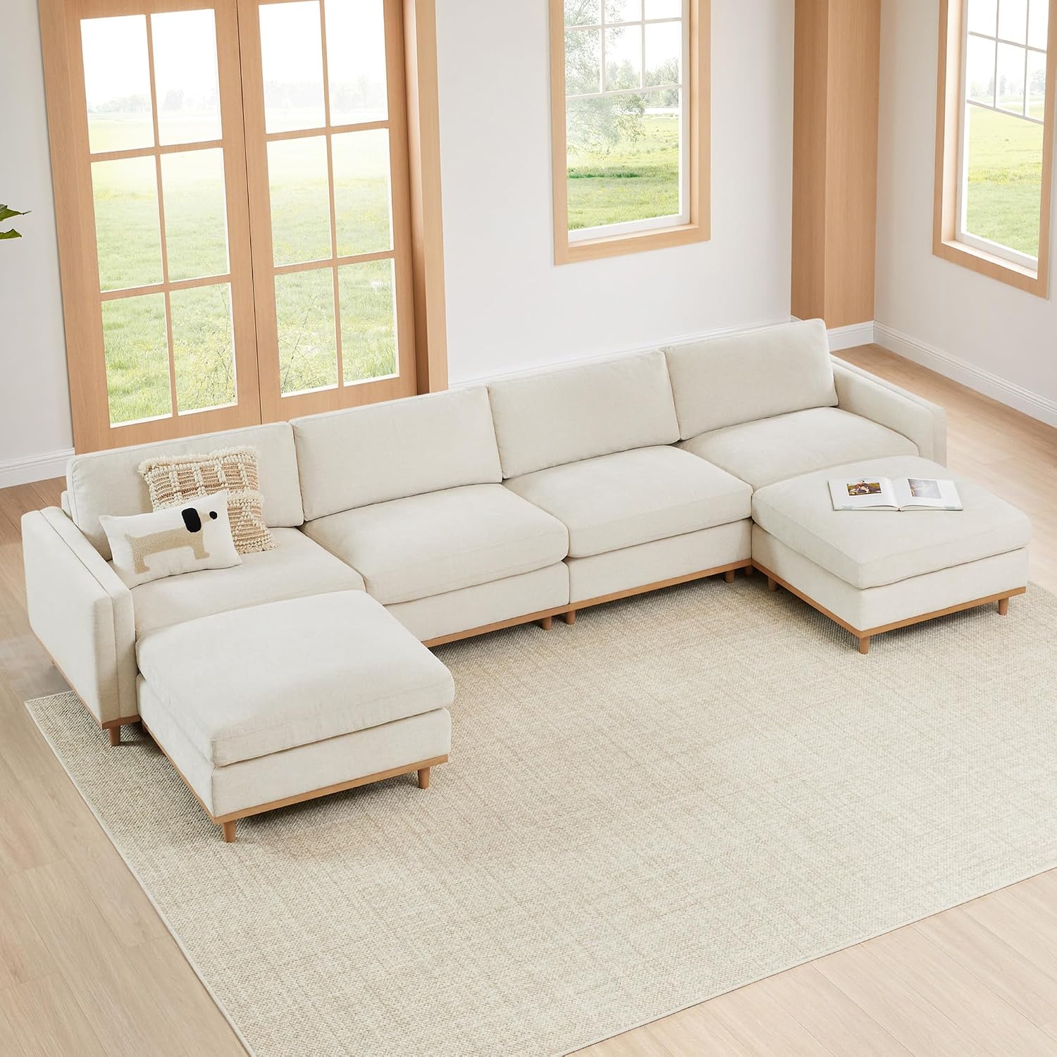 CHITA Super Large Luxury U Shape Convertible Sectional Modular Sofa, Down Filled Modern Sofa, Deep Seat Cloud Couch, 153 inch Width, 6 Seat Couch with Chaise, 2 Ottomans, Solid Wood Leg, Linen