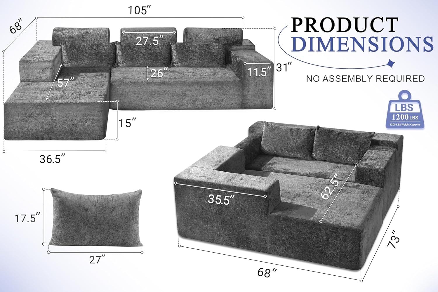 HABUTWAY 105' L-Shape Modular Sectional Sofa Couch for Living Room,No Assembly Required,Modular Comfy Sofa with Deep Seat for Living Room Bedroom,Luxury Distressed Velvet(Left,Grey)