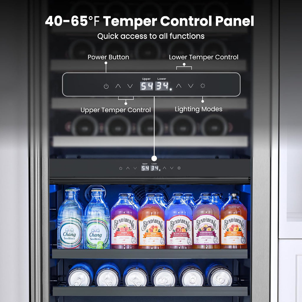 Yeego 24 Inch Wine Fridge – Wine and Beverage Cooler 34°F-65°F, 304 Stainless Steel Glass Door Lock, Temp Memory Blue & White LED Built-in Fridge with Adjustable Shelves (182 Can+77 Bottle)