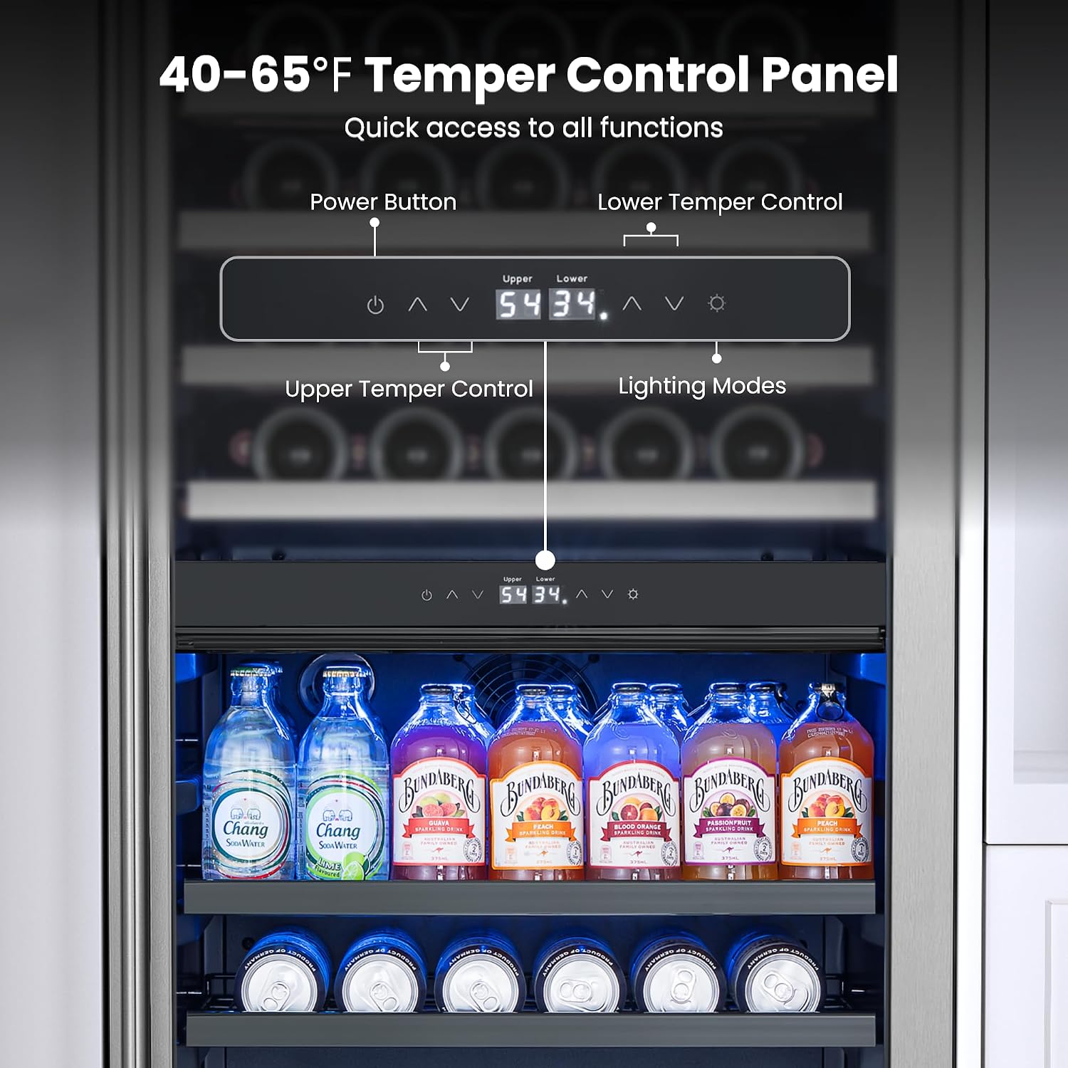 Yeego 24 Inch Wine Fridge – Wine and Beverage Cooler 34°F-65°F, 304 Stainless Steel Glass Door Lock, Temp Memory Blue & White LED Built-in Fridge with Adjustable Shelves (182 Can+77 Bottle)