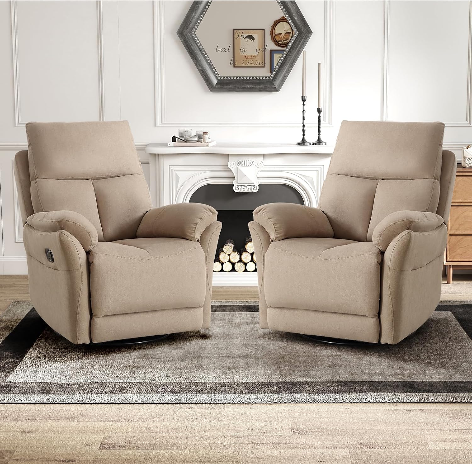 CANMOV Swivel Rocker Recliner, Manual Recliner with Overstuffed Cushion, Nursing Chairs for Living Room, Swivel Glider Recliners with Soft Backrest, Brown