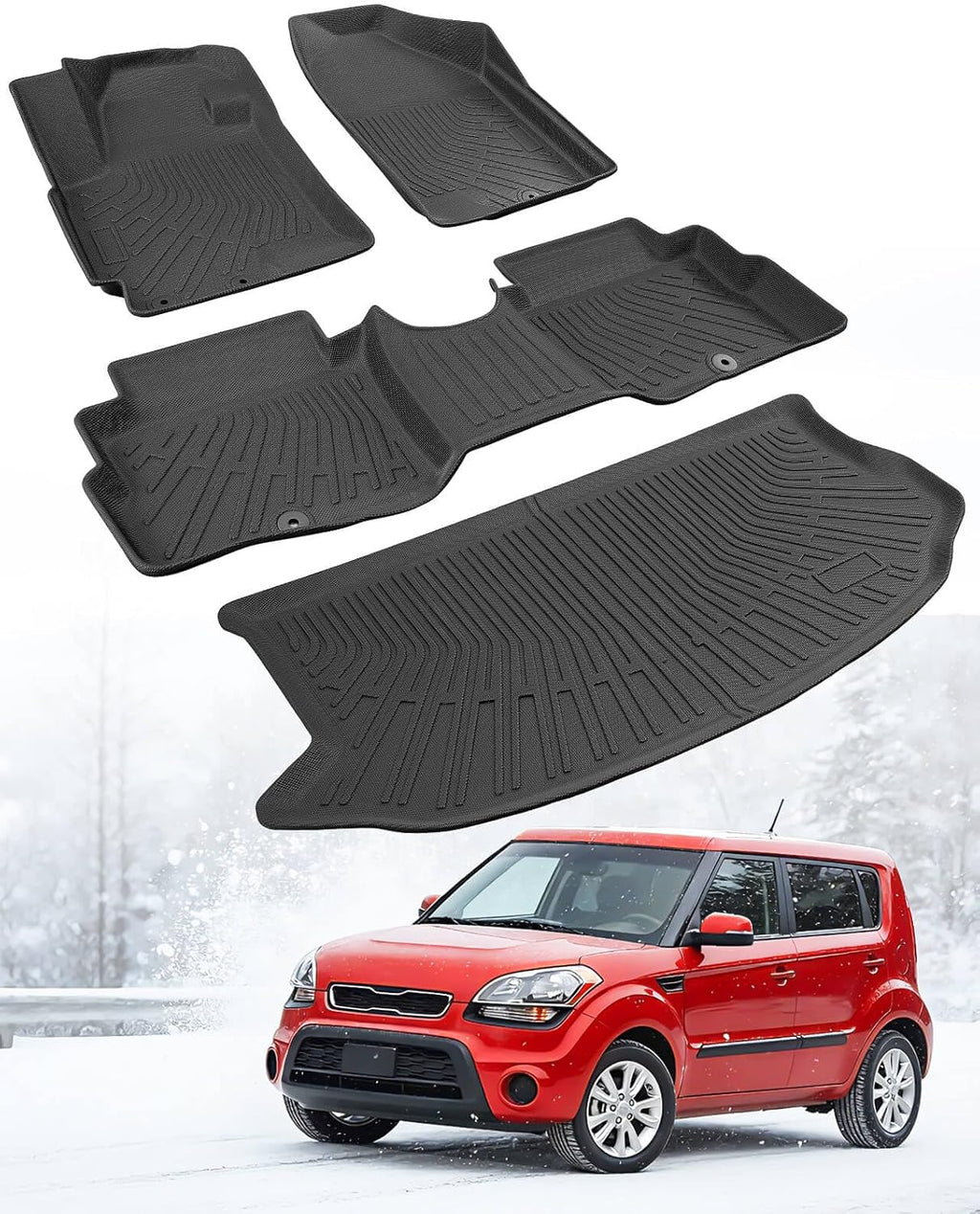 DiffCar® for Kia Soul Floor Mats: 2010 2011 2012 2013 Cargo Liner | All-Weather Custom Fit Car Accessories for Kia Soul Interior Protection | TPE Rubber Box Car Floor Trunk Carpet 4PCS Full Set Black