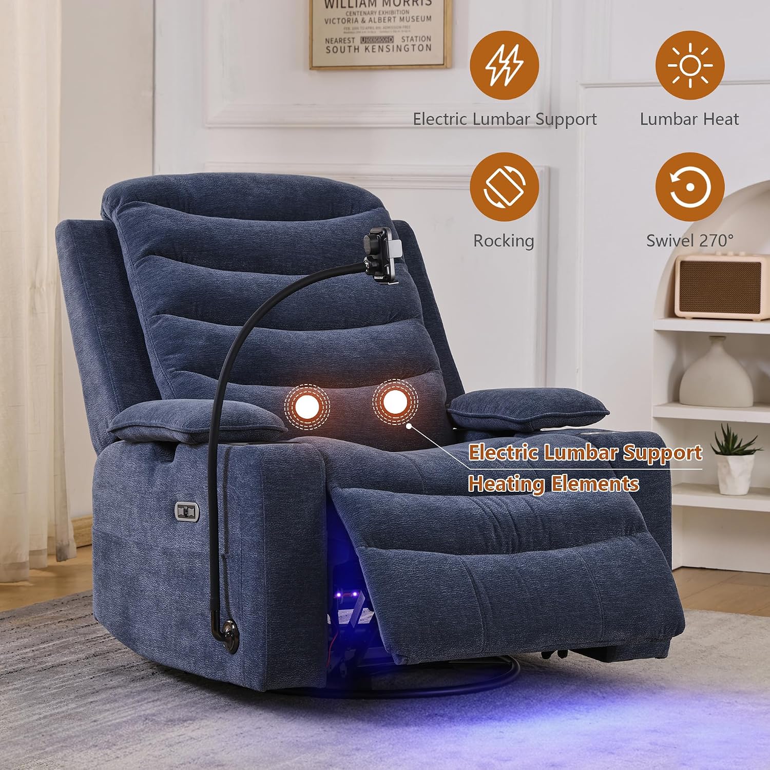 Holaki Rocking Chair Nursery, Oversized Glider Recliner Nursery Chair Swivel Reading Chair with Heated Lumbar Support Smart Cup Holder and Fast-Charging Phone Mount for Breastfeeding(Blue)