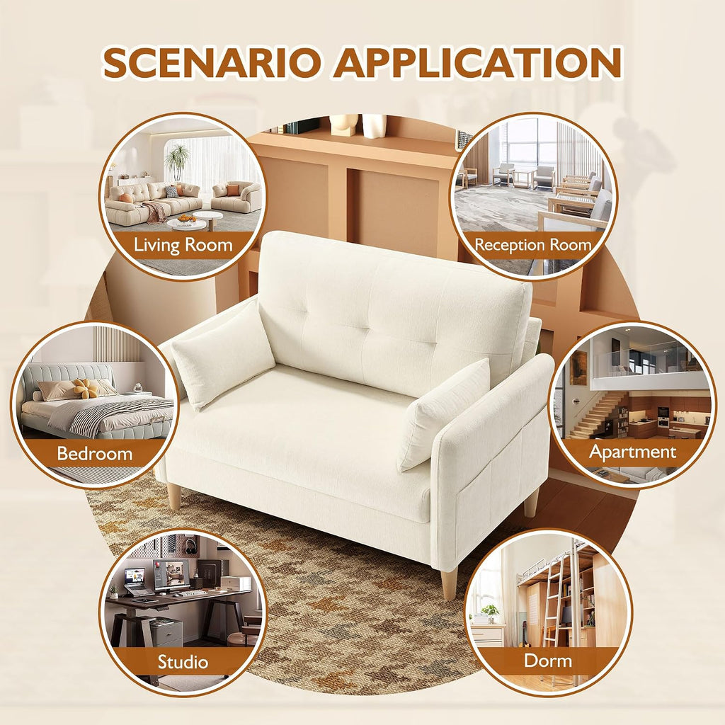 Urhanherry 47' Small Sofa Couch, Soft Chenille loveseat Mini Couch with Throw Pillow and Removable Cushion Cover for Small Spaces, Bedroom, Apartment, Dorm, Office, Living Room(Beige)